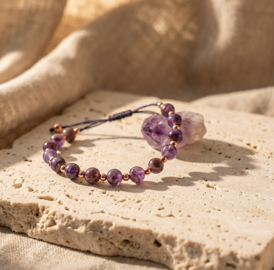 Amethyst and Copper Beads on Silk Tread