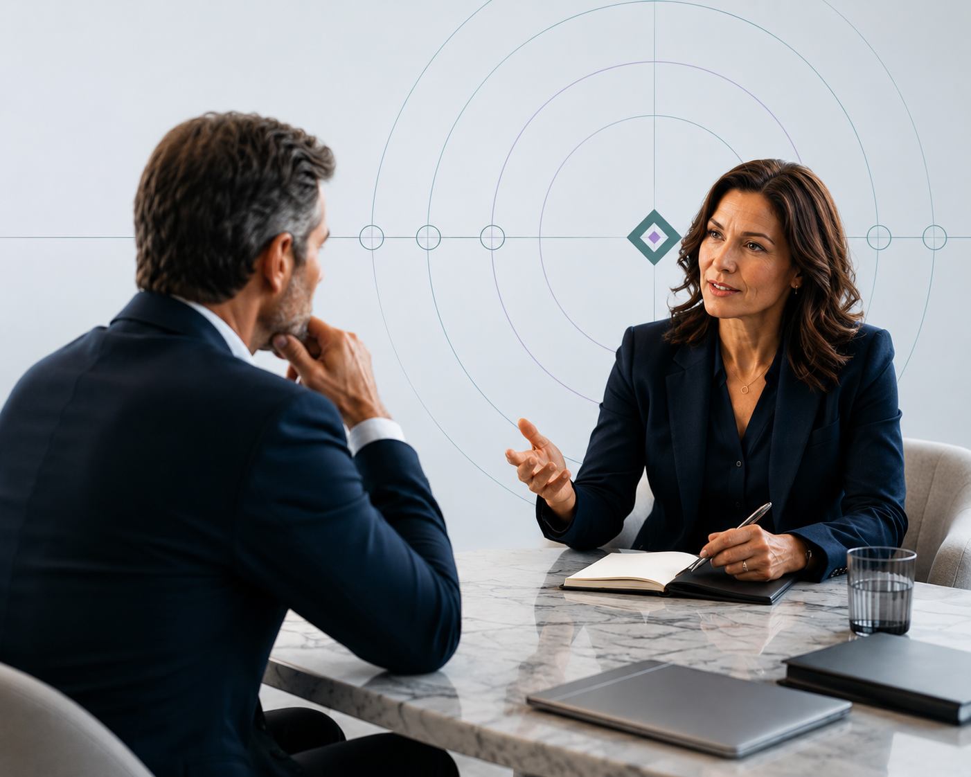 Two leaders in a one-to-one conversation at a conference table