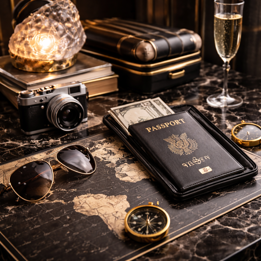 Travel essentials on a marble table, including a passport, cash, sunglasses, a camera, a champagne glass, a wristwatch, a compass, a book, and decorative lighting.