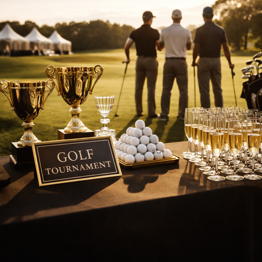 Golf awards table with trophies, golf balls, and champagne glasses at an outdoor golf tournament, with three men playing golf in the background.