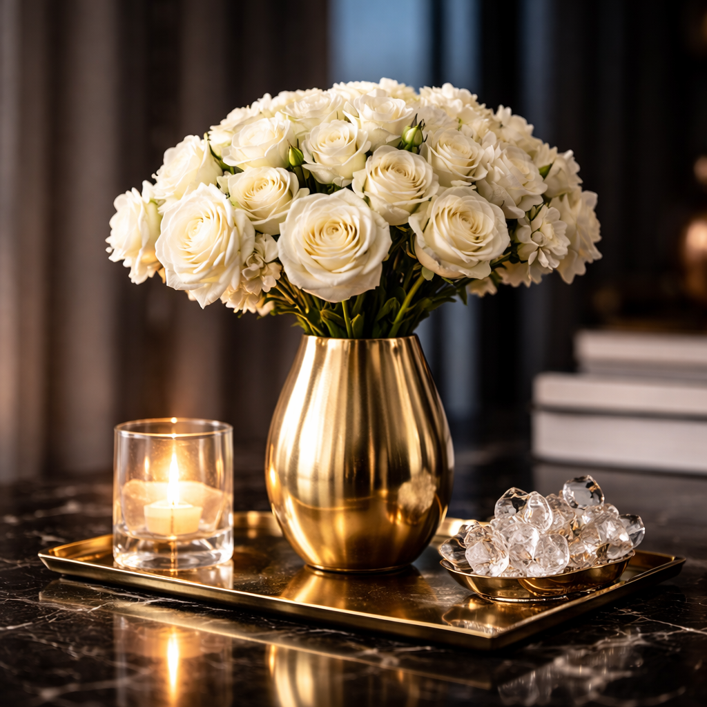 A bouquet of white roses and other white flowers in a gold vase, accompanied by a lit candle in a glass holder and a dish of clear ice cubes on a gold tray, on a dark marble surface.