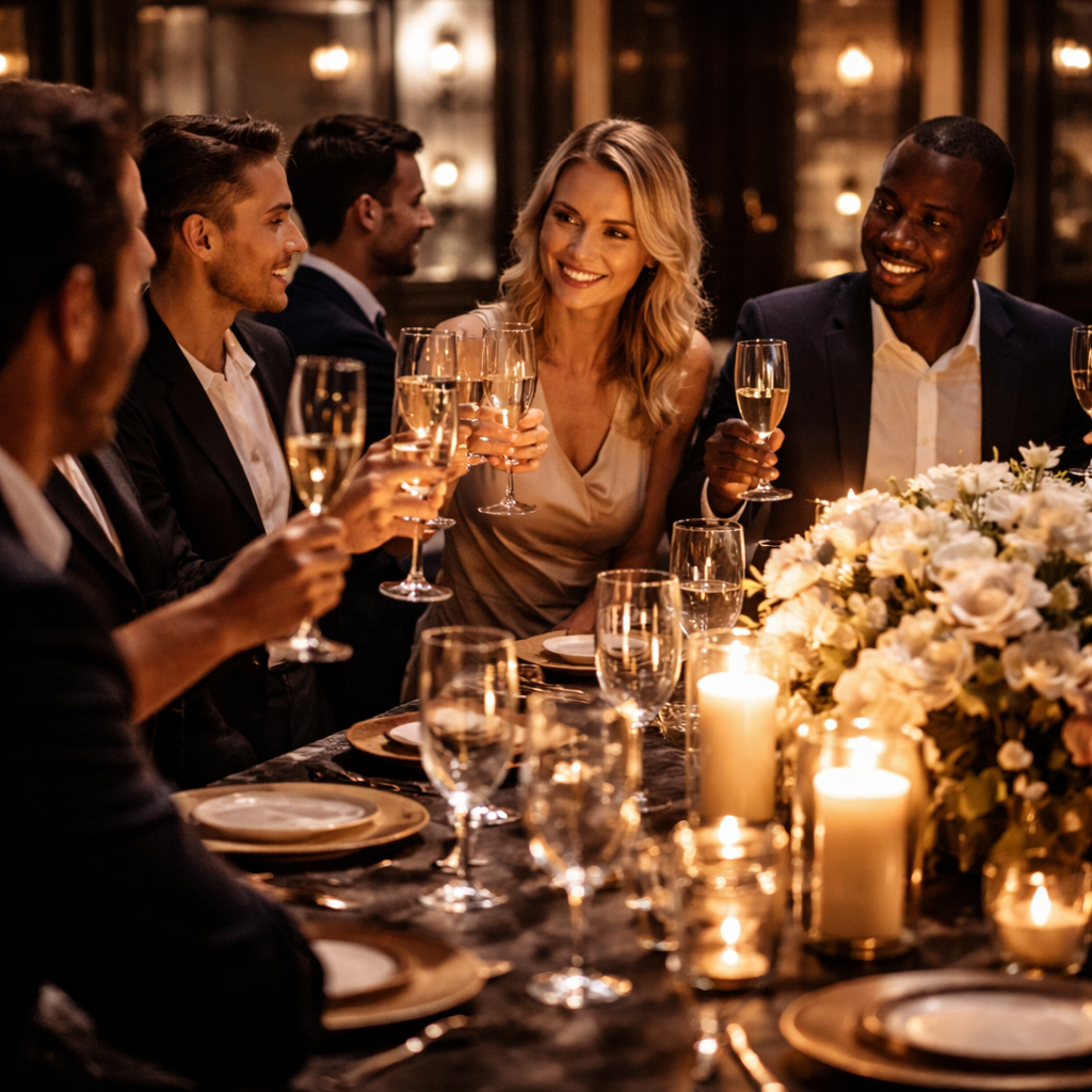 Group of people at a dinner party raising glasses in a toast, with candles and floral centerpieces on the table.