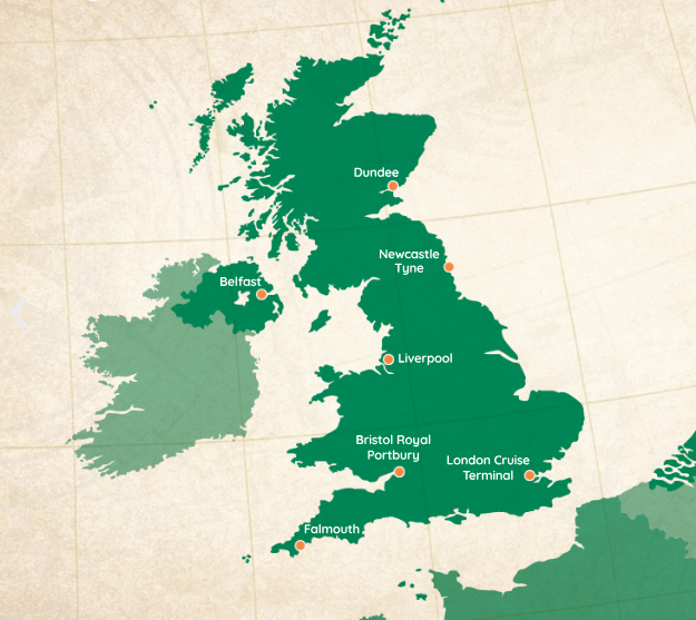 Map of the United Kingdom showing locations of major ports, including Dover, Newcastle Tyne, Liverpool, Bristol Royal Portbury, London Cruise Terminal, Falmouth, and Belfast.