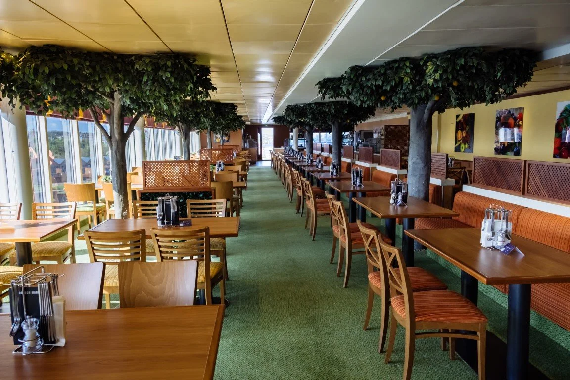 Interior of a restaurant with large plants and trees dividing the seating area, wooden tables and chairs, and large windows on the left allowing natural light.