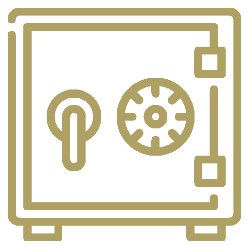 Line drawing of a safe with a combination dial and a handle.