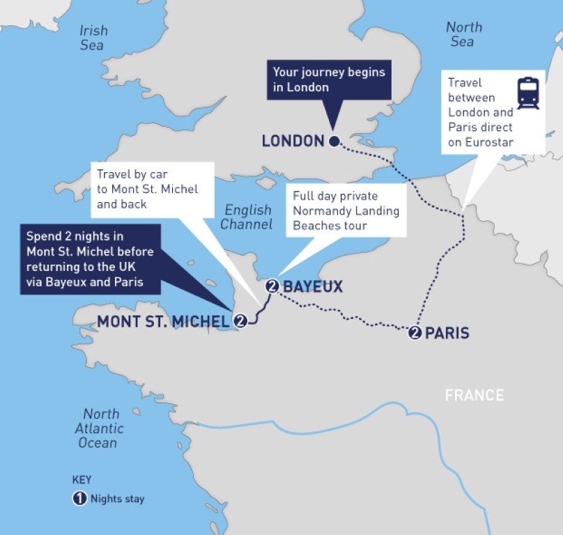 Map showing a European travel route from London to Mont Saint Michel in France, including stops in Bayeux and Paris, with details about transportation and durations.