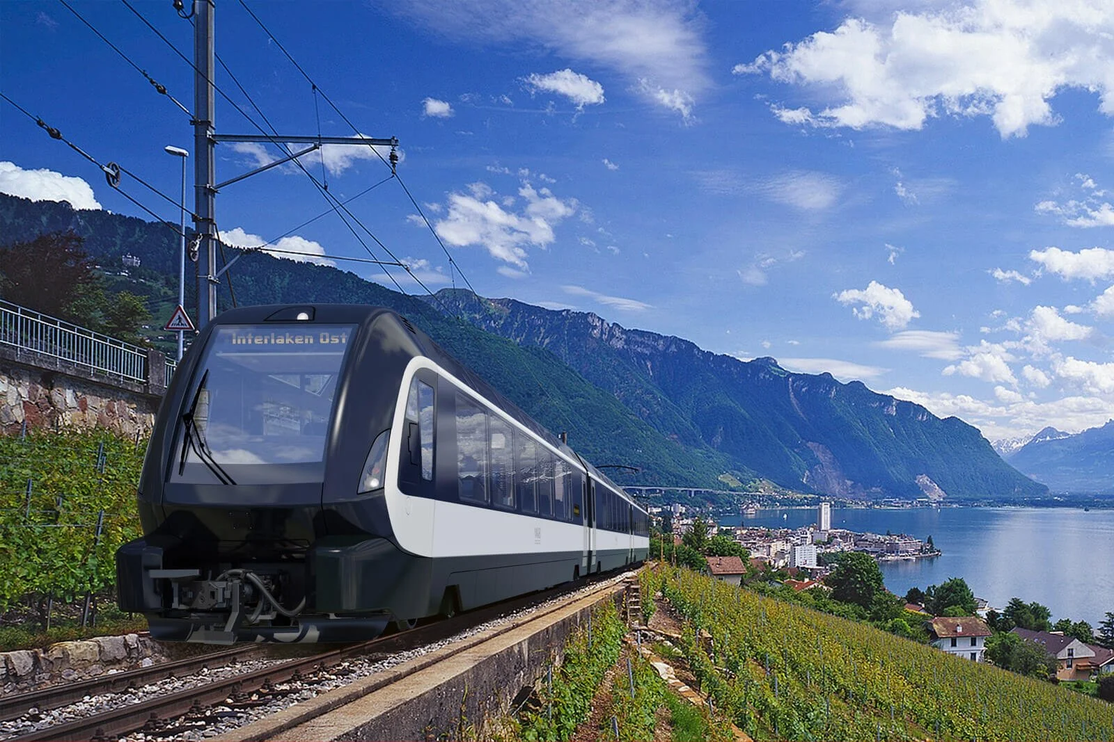 Modern train traveling along scenic tracks with mountainous landscape and a lake in the background under a partly cloudy sky.