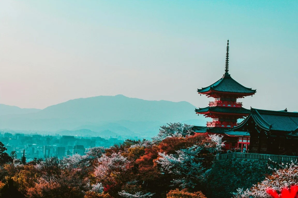 Traditional Japanese pagoda surrounded by cherry blossom trees in full bloom with mountains in the background.