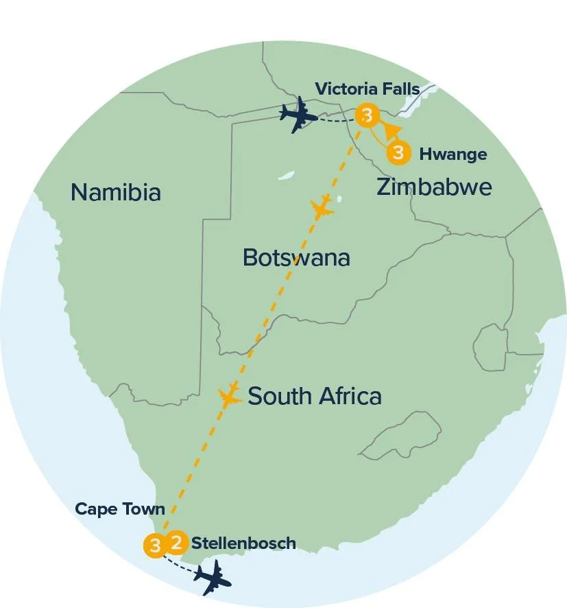 Map of a flight route from Cape Town, South Africa to Victoria Falls, Zimbabwe, passing through Botswana and Zimbabwe.