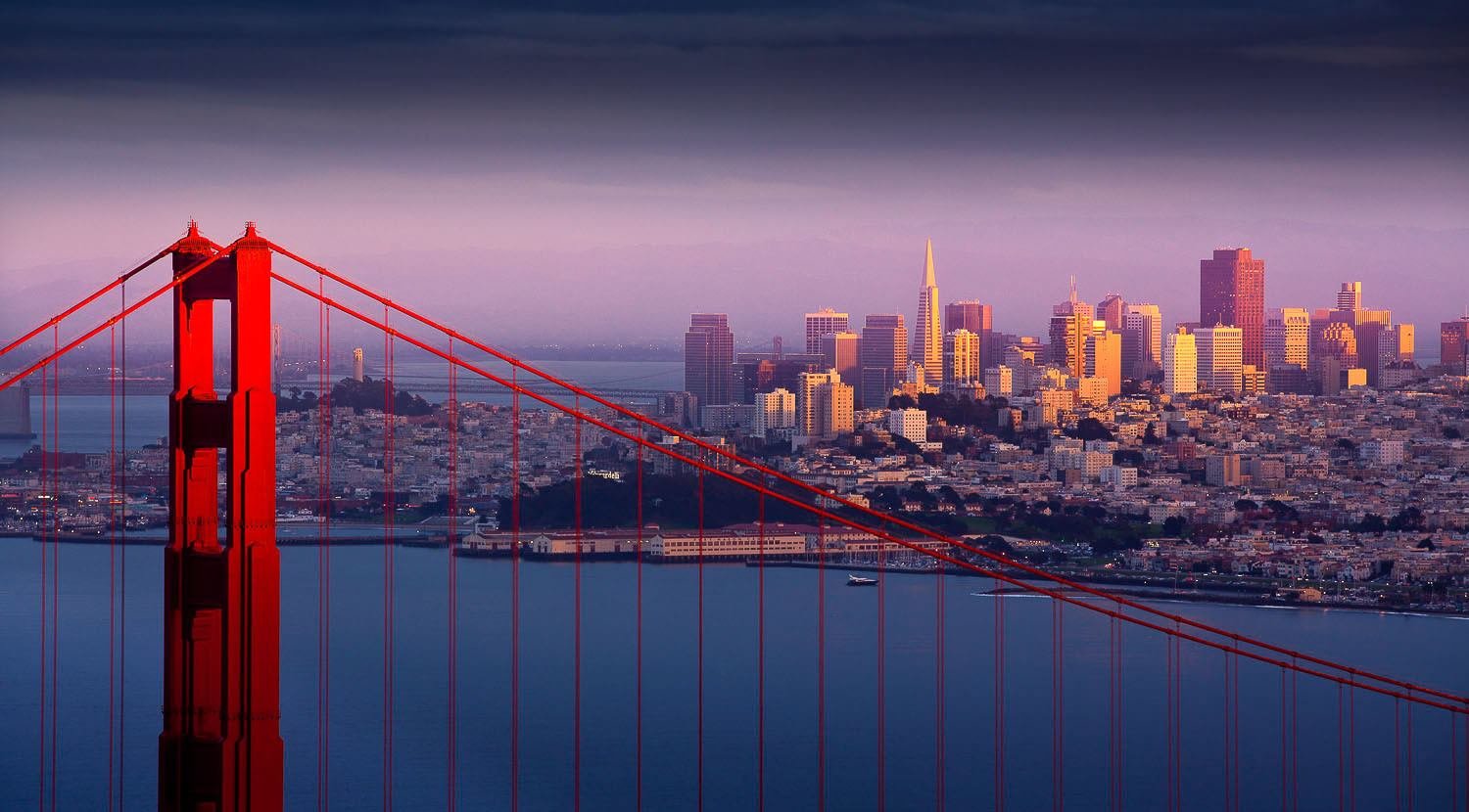 San Francisco skyline with Golden Gate Bridge in the foreground at dusk