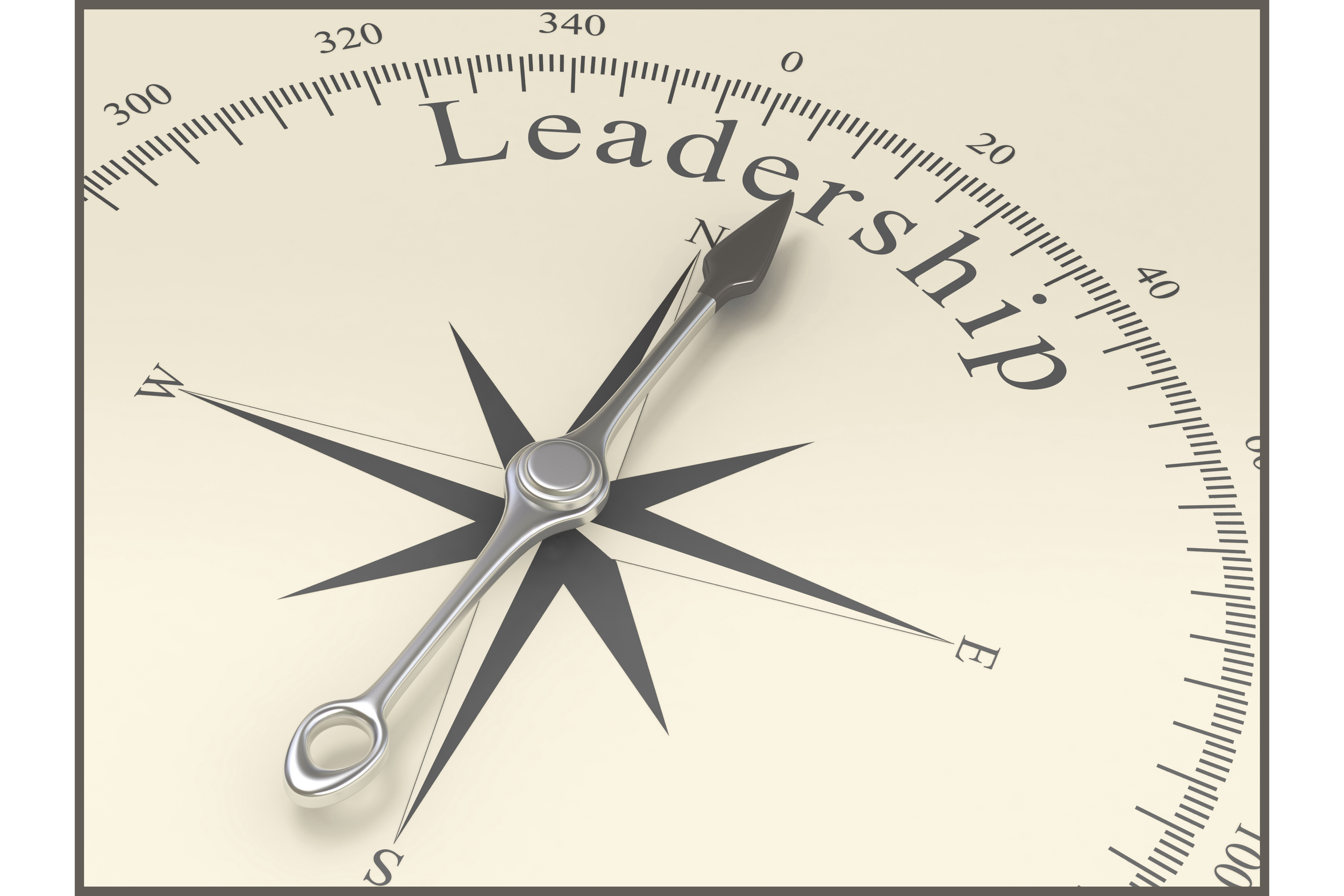 A compass with a black needle pointing to the word "Leadership" on a circular gauge. The gauge has numbered markings and degrees, suggesting direction and guidance.