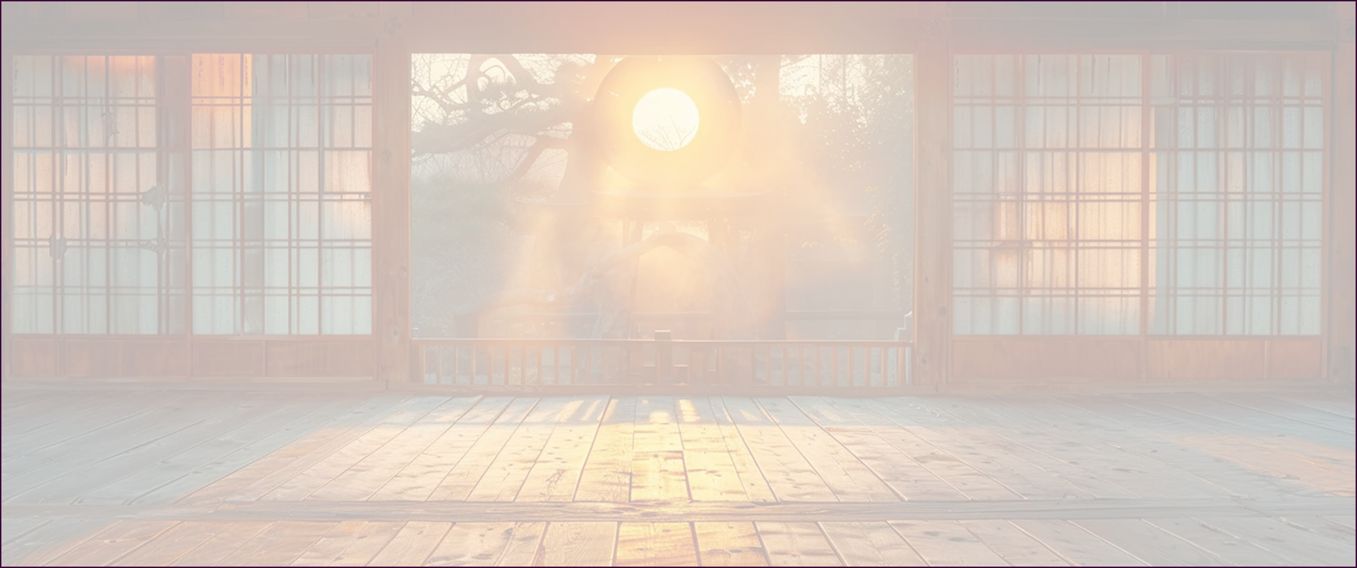 Sunrise seen through a traditional Japanese shoji screen window, with sunlight casting reflections on a wooden floor.