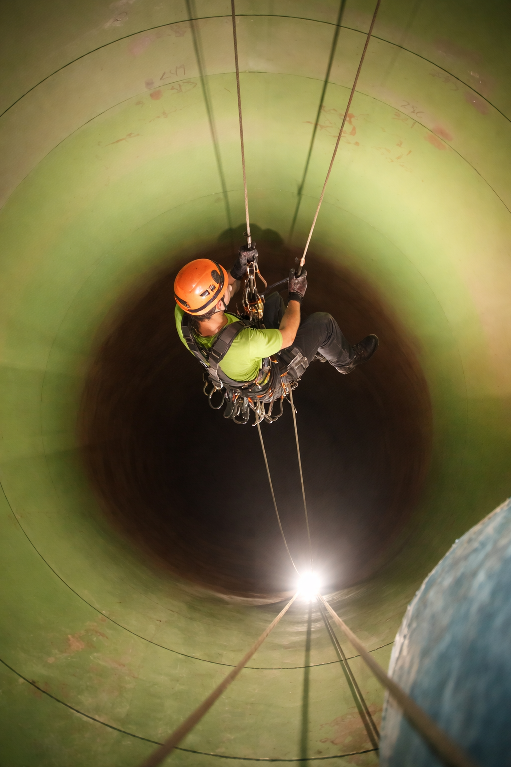 Worker rappelling down a large, green, cylindrical structure, wearing a safety helmet, harness, and gloves, with ropes and equipment for descent.