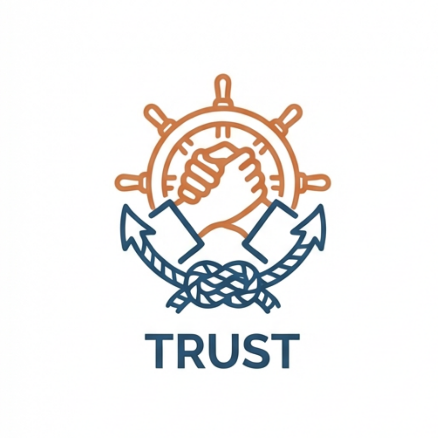 An emblem featuring a ship's wheel behind two clasped hands, with an anchor at the bottom and the word 'TRUST' below.