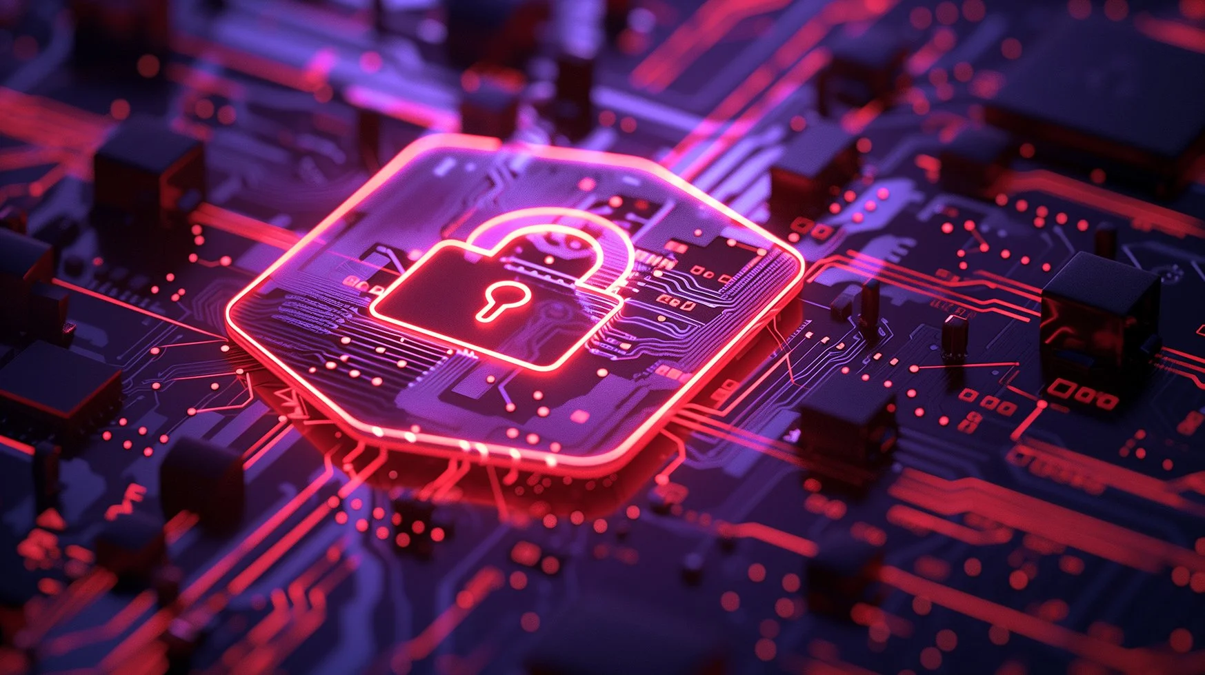 A digital illustration of a circuit board with a glowing neon padlock symbol in the center, representing cybersecurity or data protection.