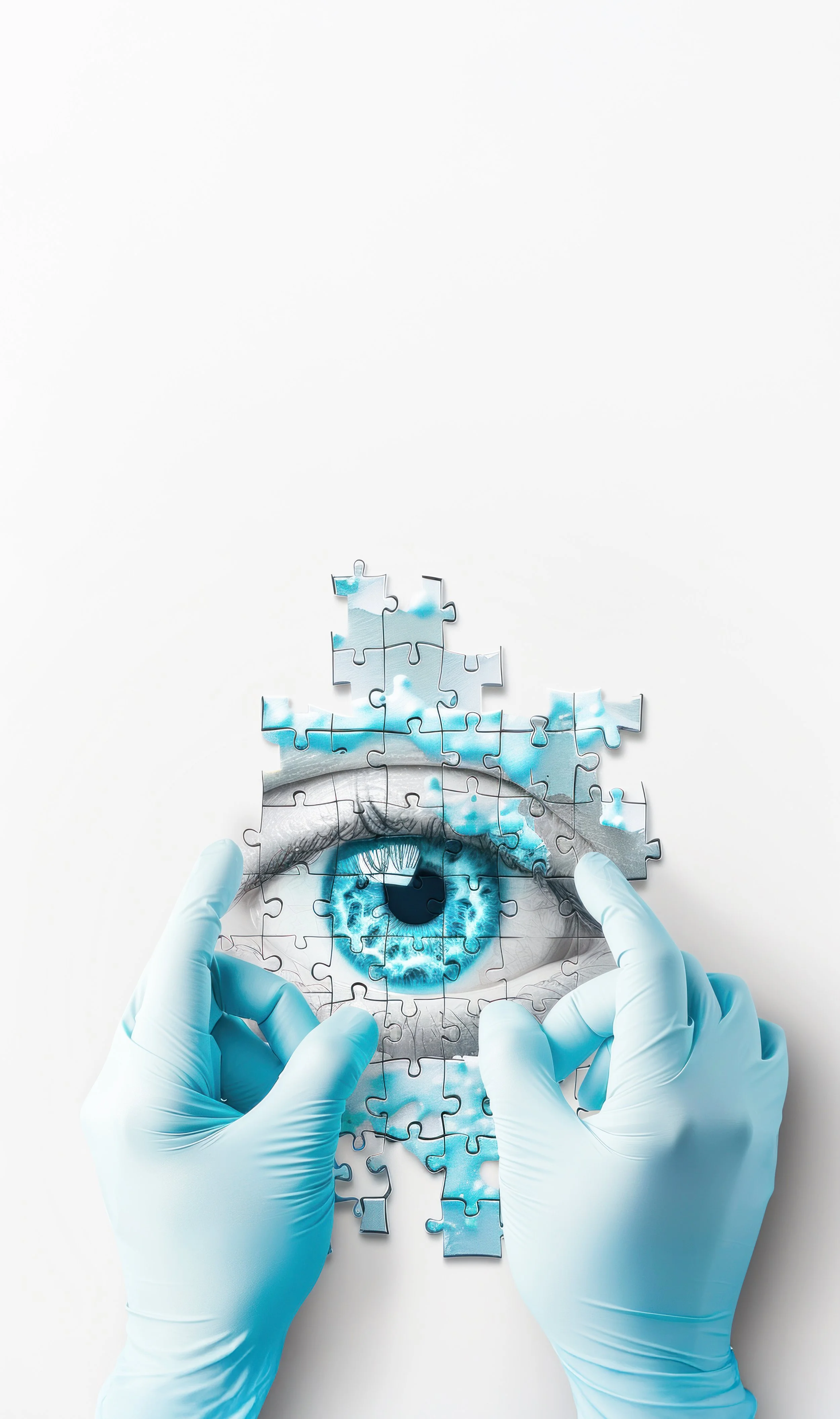 A pair of hands wearing blue gloves assembling a jigsaw puzzle. The puzzle features an eye at the center, with some pieces showing clouds and sky, creating a surreal image.