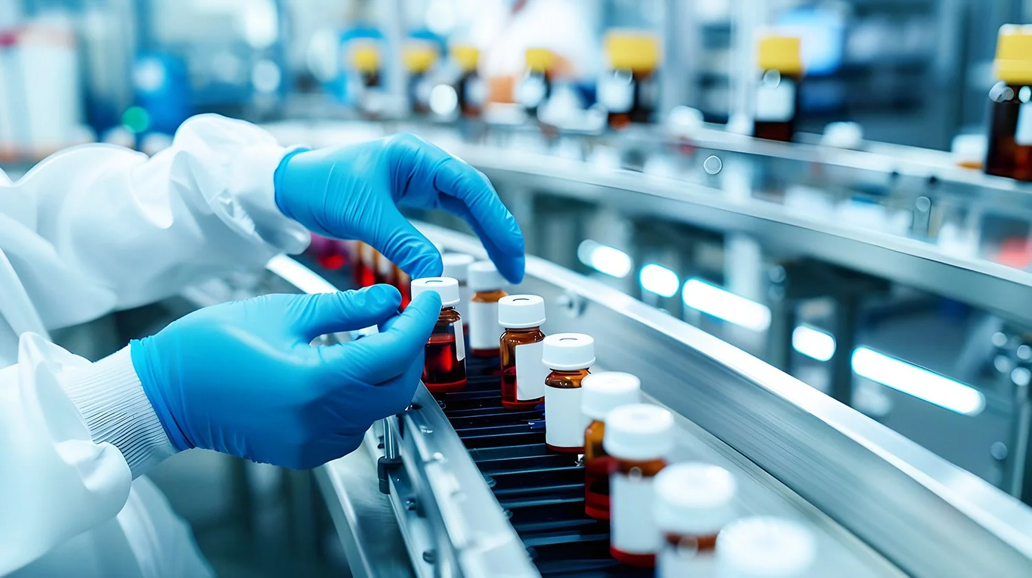 A scientist wearing blue gloves and a white lab coat handling small amber bottles on a conveyor belt in a modern laboratory.