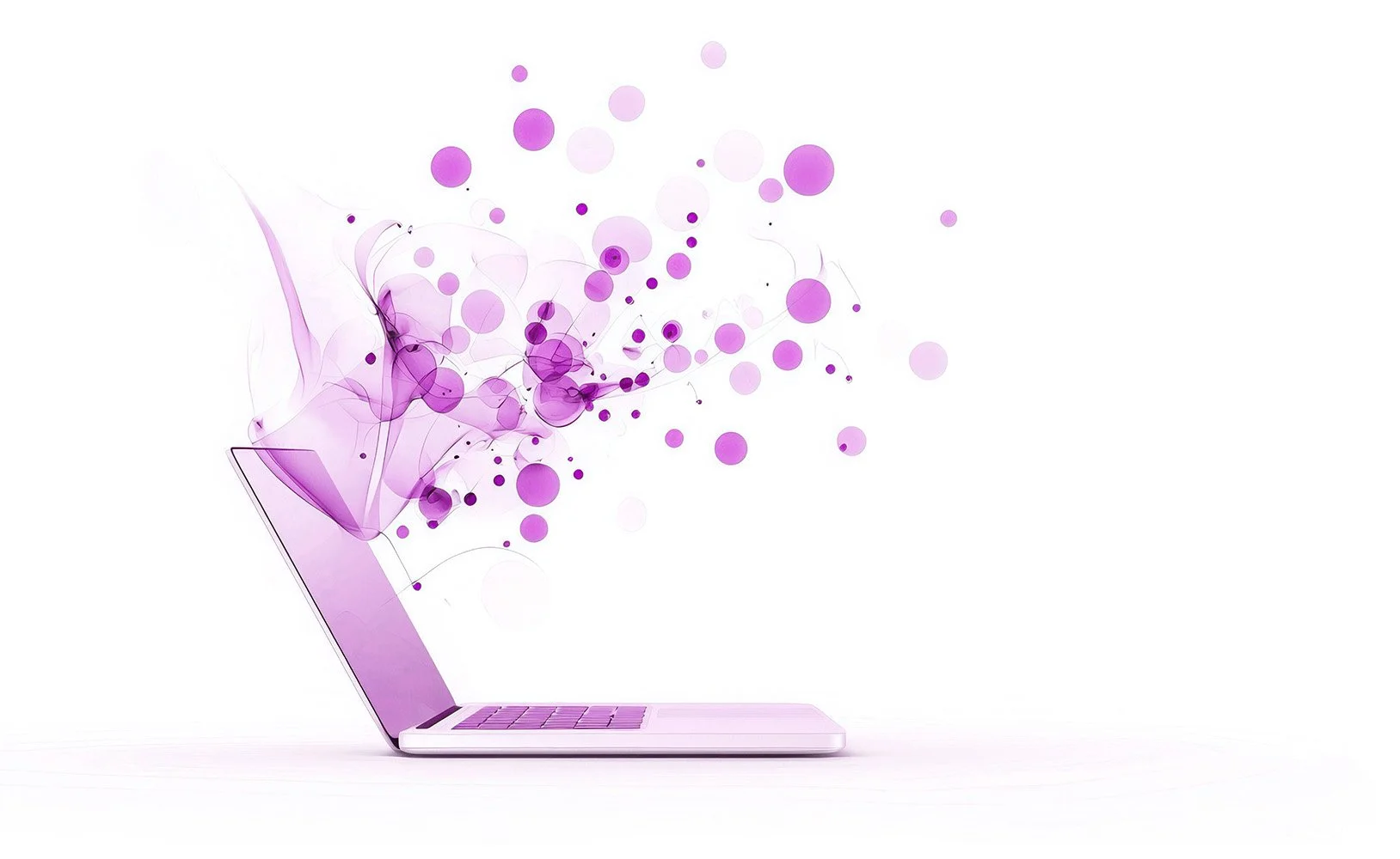 A pink laptop with abstract purple bubbles and swirls emerging from the screen.