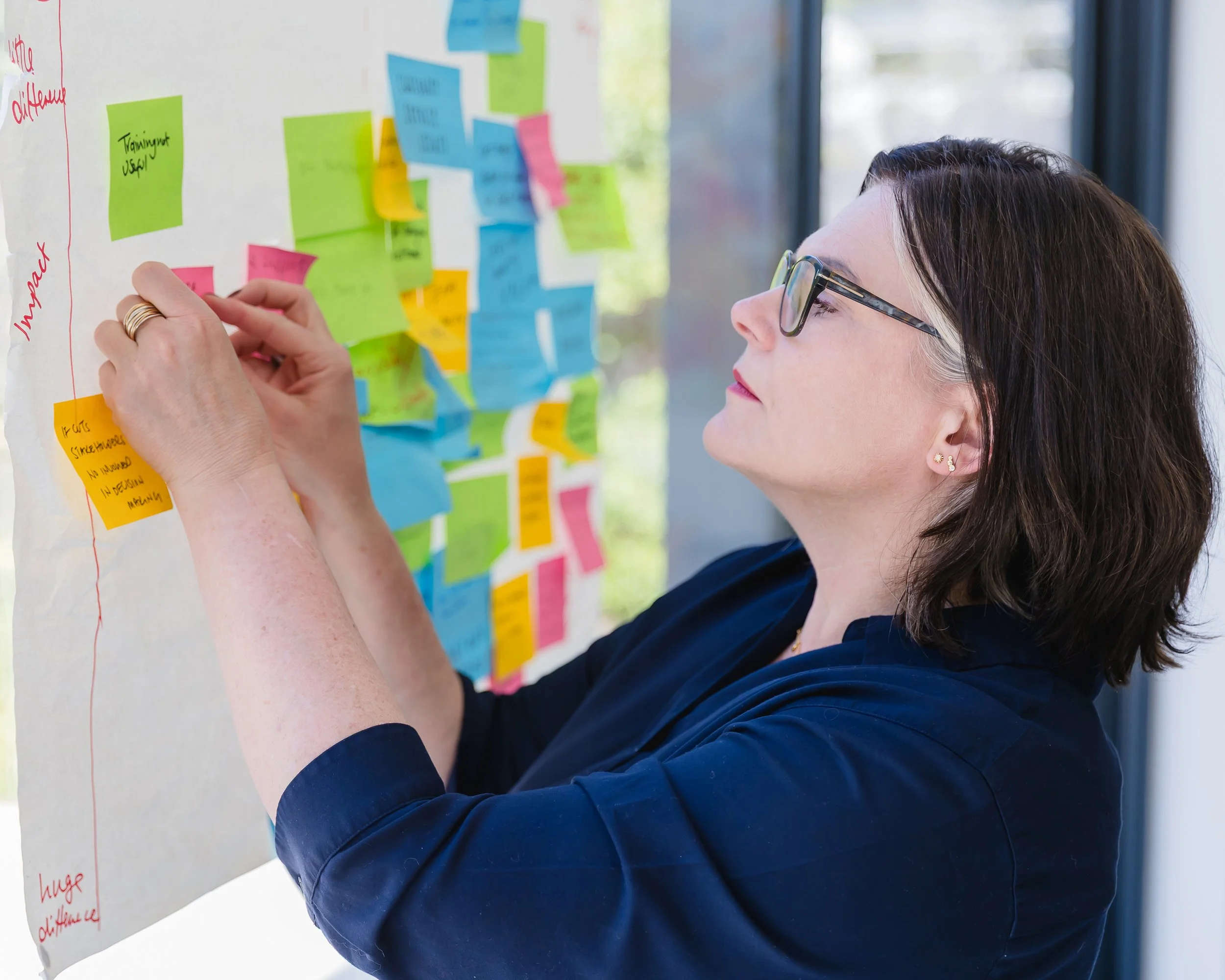 A woman with glasses and earrings is placing sticky notes on a whiteboard filled with colorful notes, possibly engaged in planning or brainstorming.