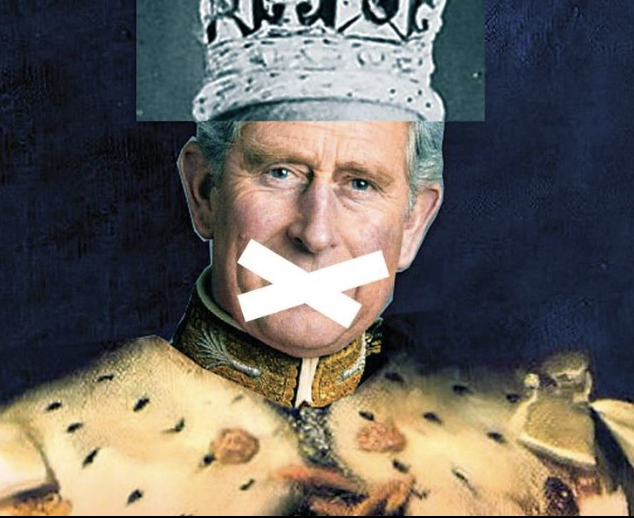 A man dressed as a king with a crown on his head, showing a serious expression with a piece of tape covering his mouth, wearing royal attire and a leopard-patterned cape.