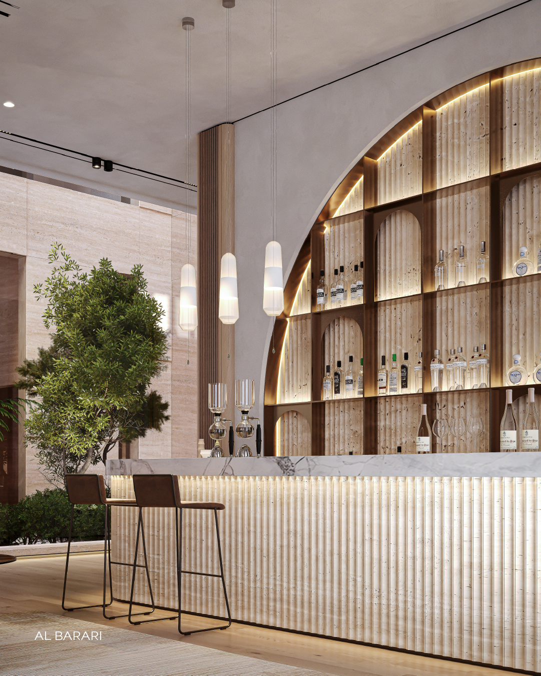 Bespoke bar joinery in Al Barari with curved timber shelving, integrated lighting and fluted marble counter