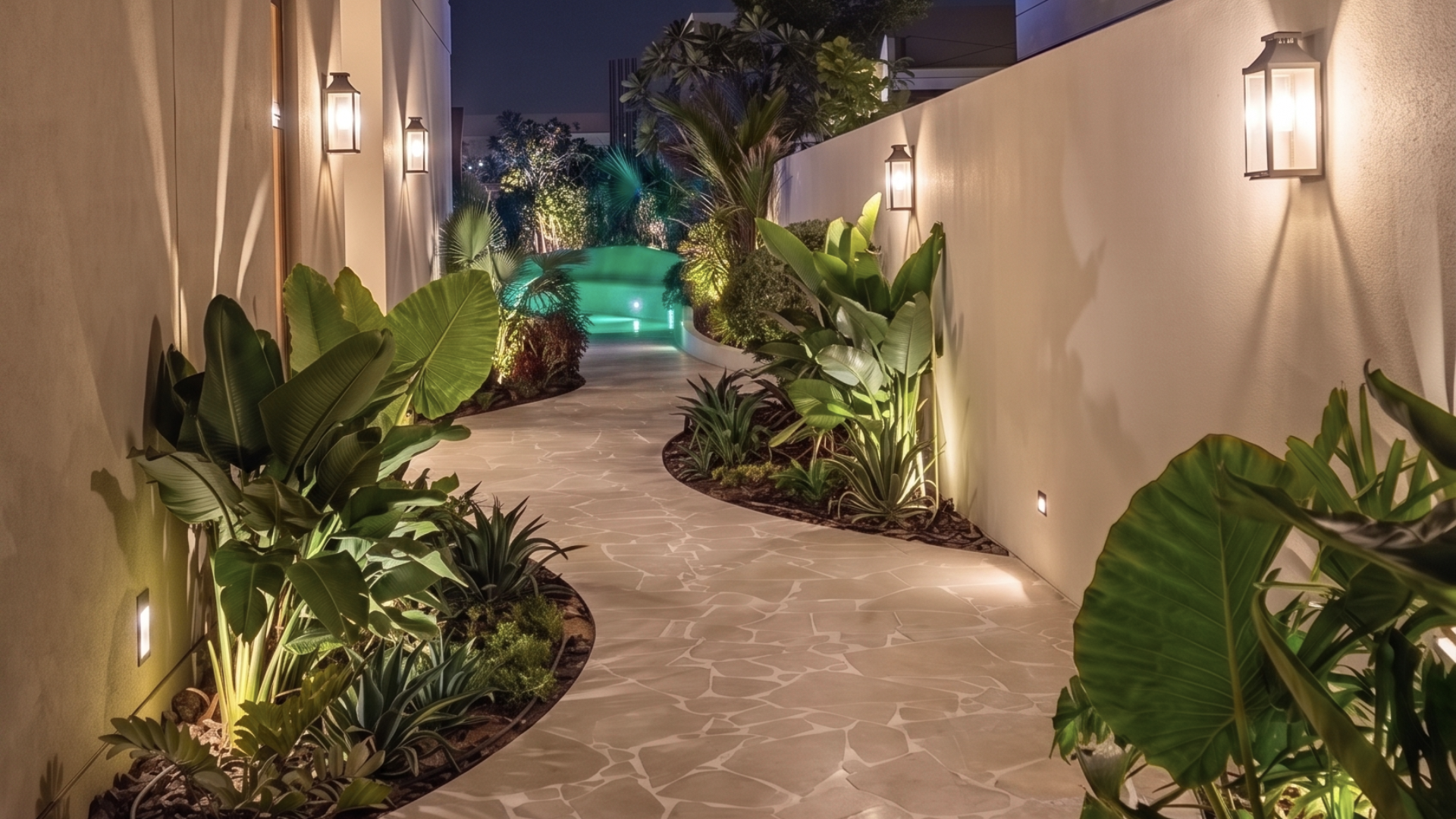 Illuminated garden walkway with tropical planting and natural-stone paving at night in Tilal Al Furjan.