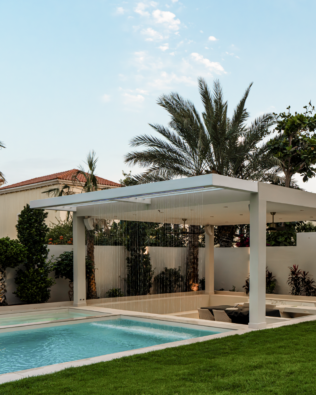 full villa renovation, with a watercurtain featur and ool and landscaping jumeirah park