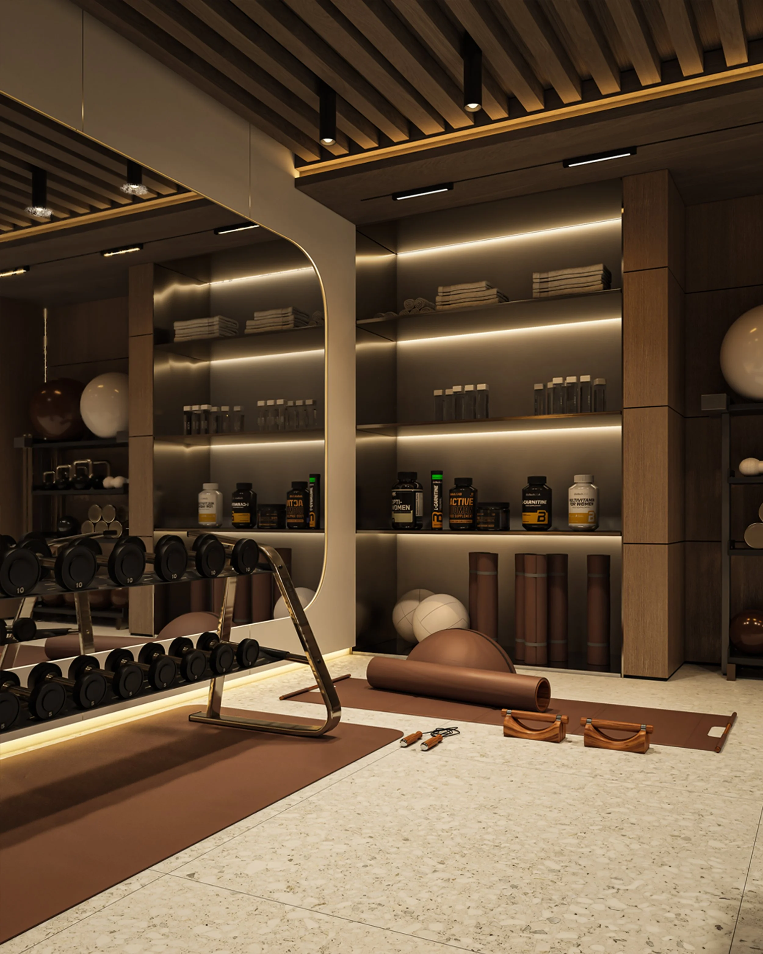 Home gym interior with custom storage, integrated lighting, exercise equipment and wood ceiling details.