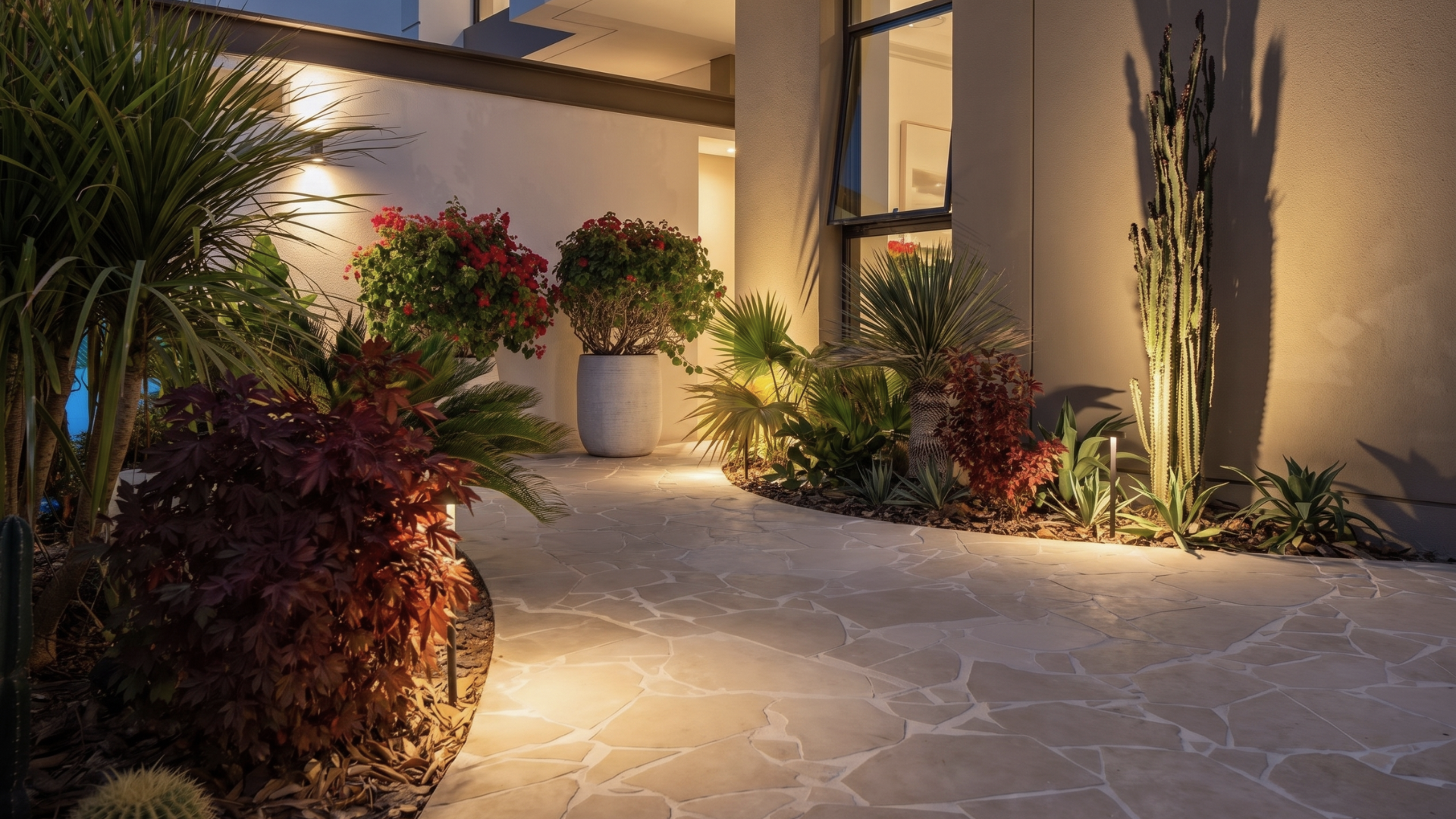 Illuminated garden pathway with tropical planting and natural-stone paving at a Tilal Al Furjan villa.