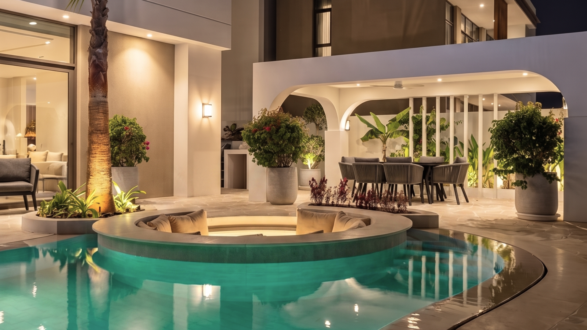 Illuminated villa pool with a recessed conversation area and covered outdoor dining space in Tilal Al Furjan, Dubai.