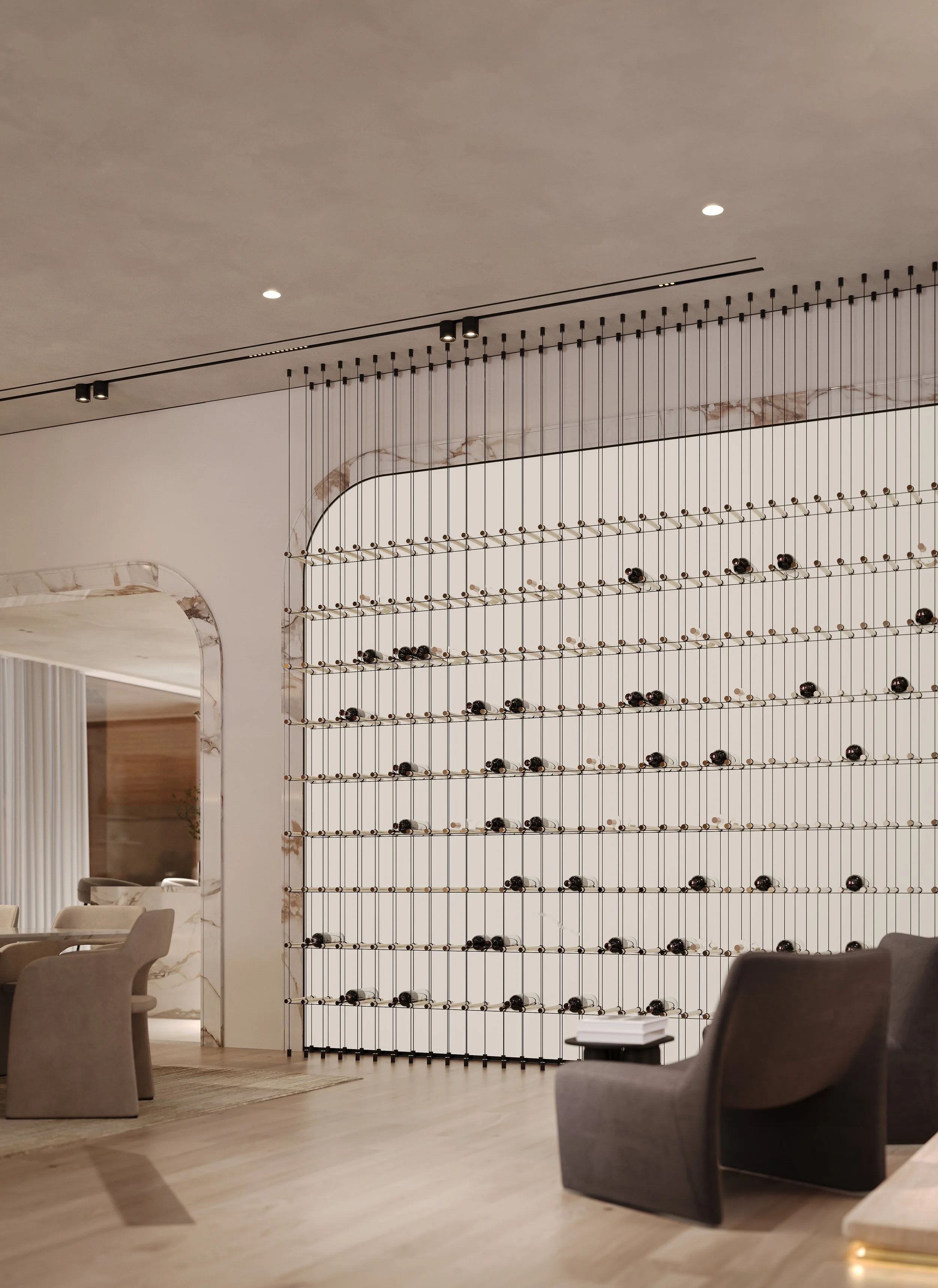 Al Barari villa wine wall with suspended bottle display and open-plan interior beyond.