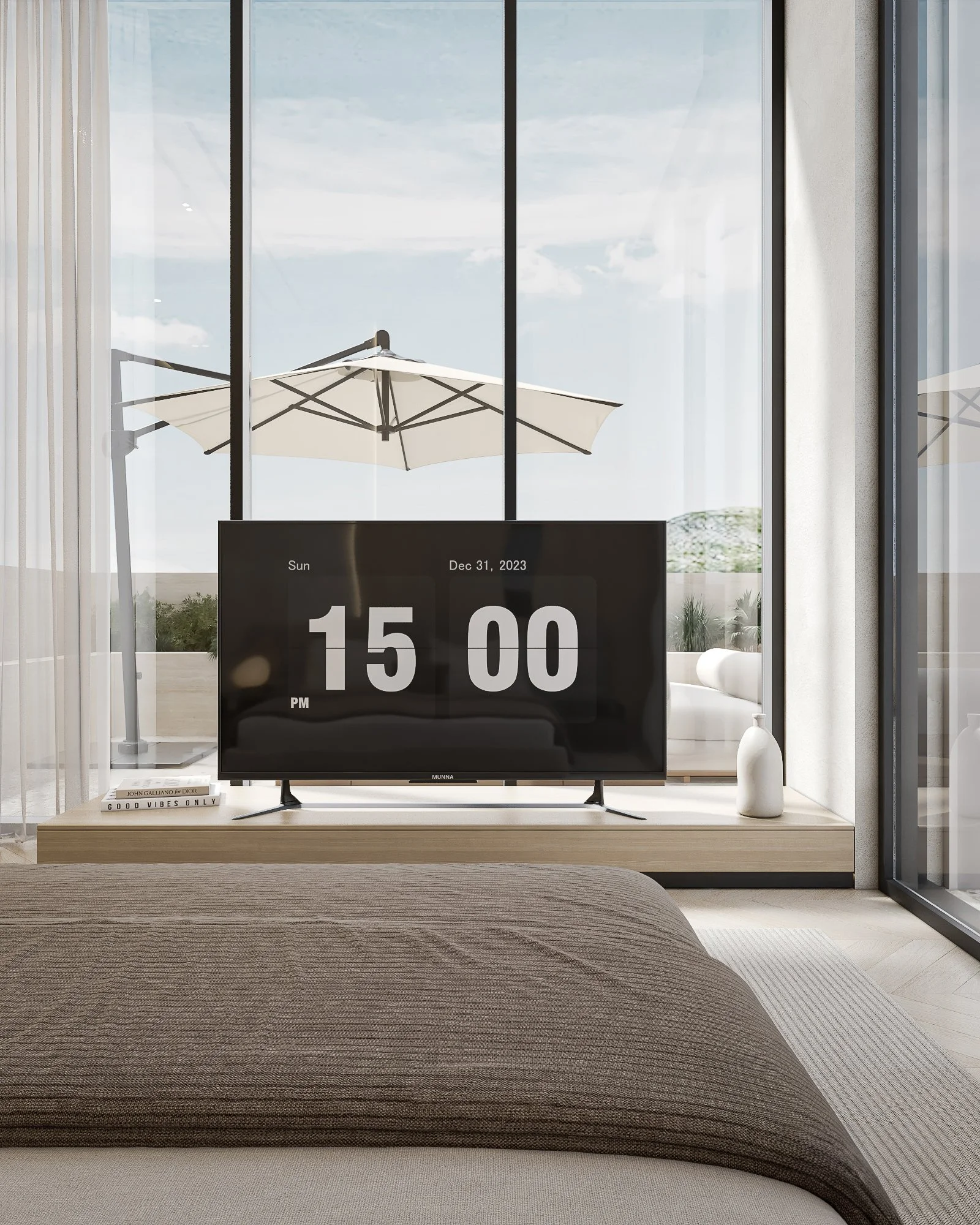 Modern villa bedroom concept with large windows, neutral finishes and outdoor terrace views.