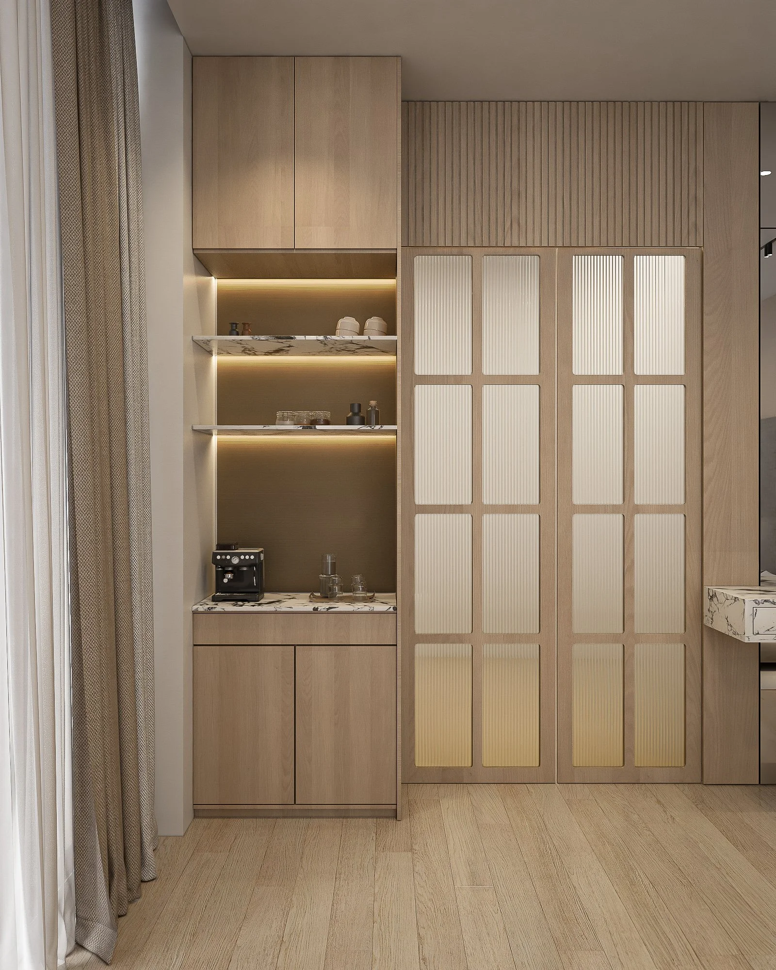 Custom built-in cabinetry with illuminated shelving and glass-front storage in a villa interior.