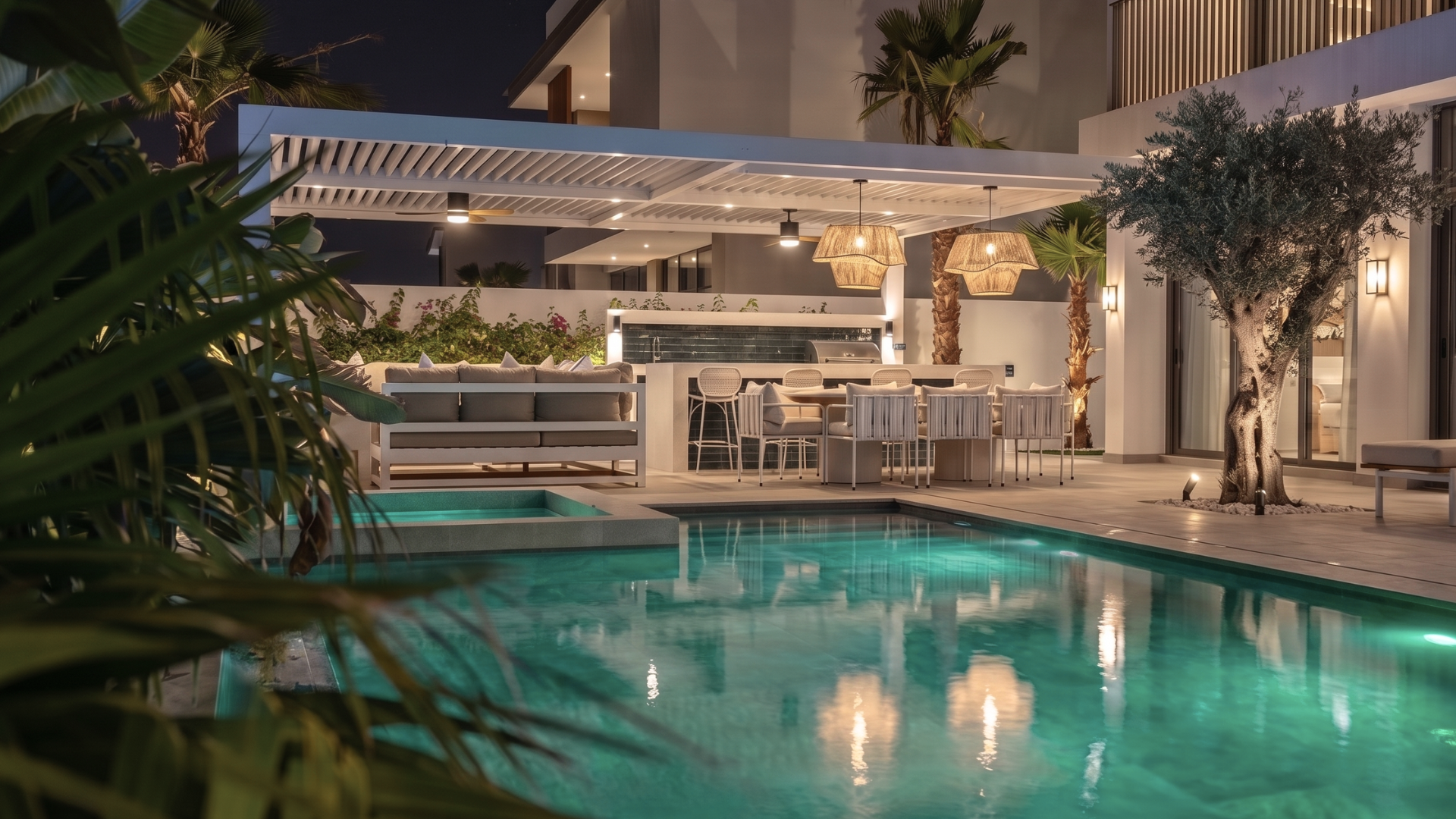 Illuminated swimming pool and covered outdoor kitchen at a landscaped villa in Tilal Al Furjan, Dubai.