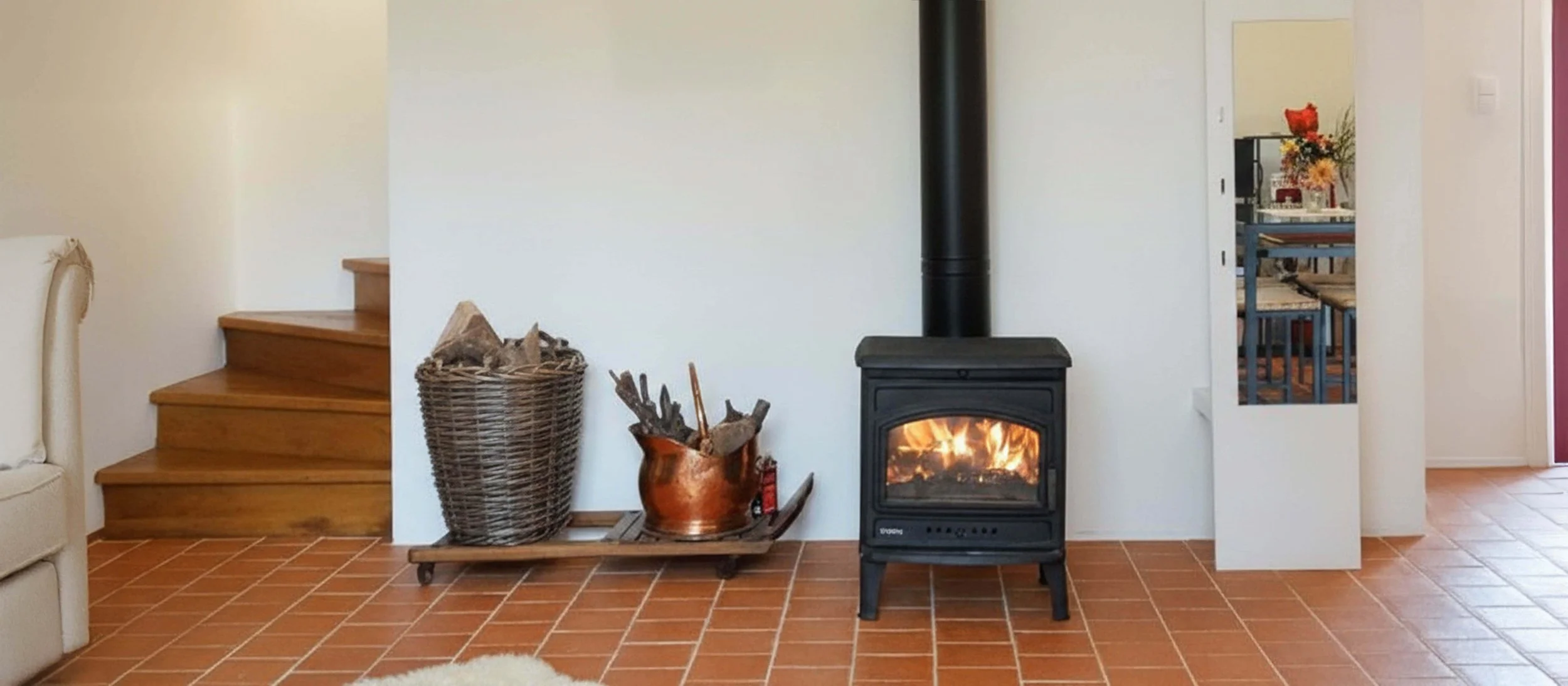 A black cast-iron wood stove with a glowing fire sits on terracotta floor tiles against a white wall, flanked by a wicker basket of firewood and a copper pot.