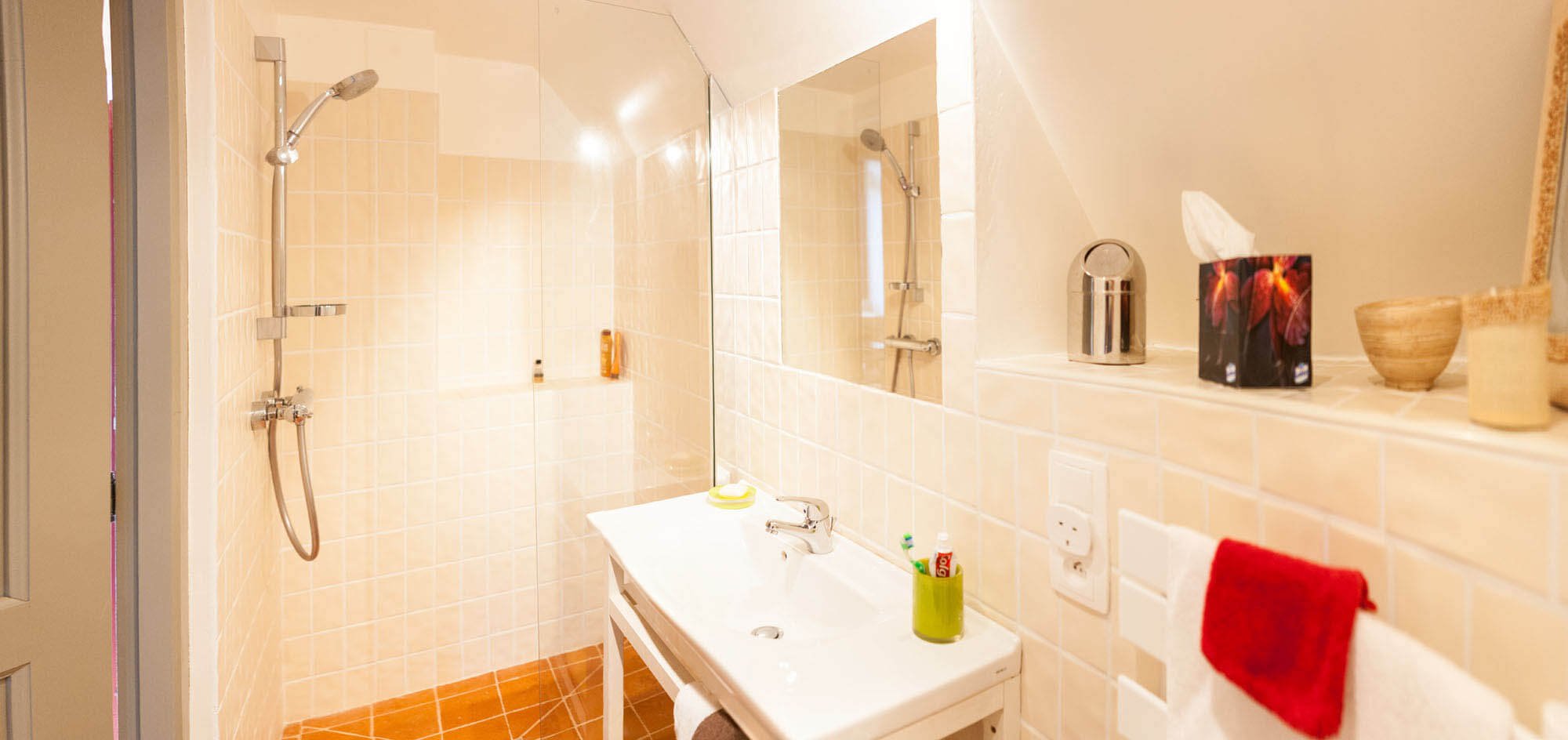Interior of the gîte bathroom in Rix, Burgundy, showing heated towel rail.