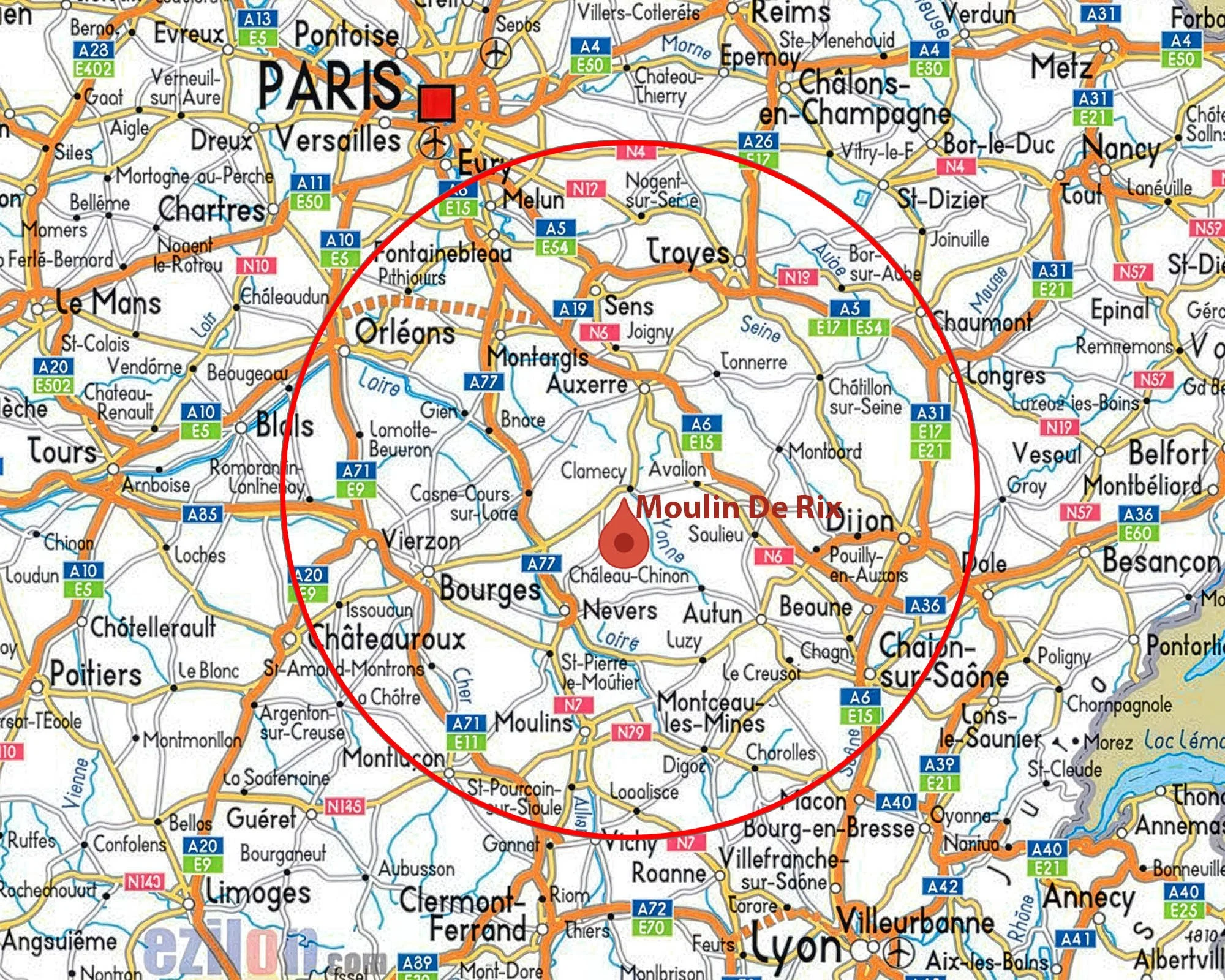 Map of a region in France with a red circle and a water droplet marker labeled 'Moulin De Rix' in Burgundy, near Dijon.