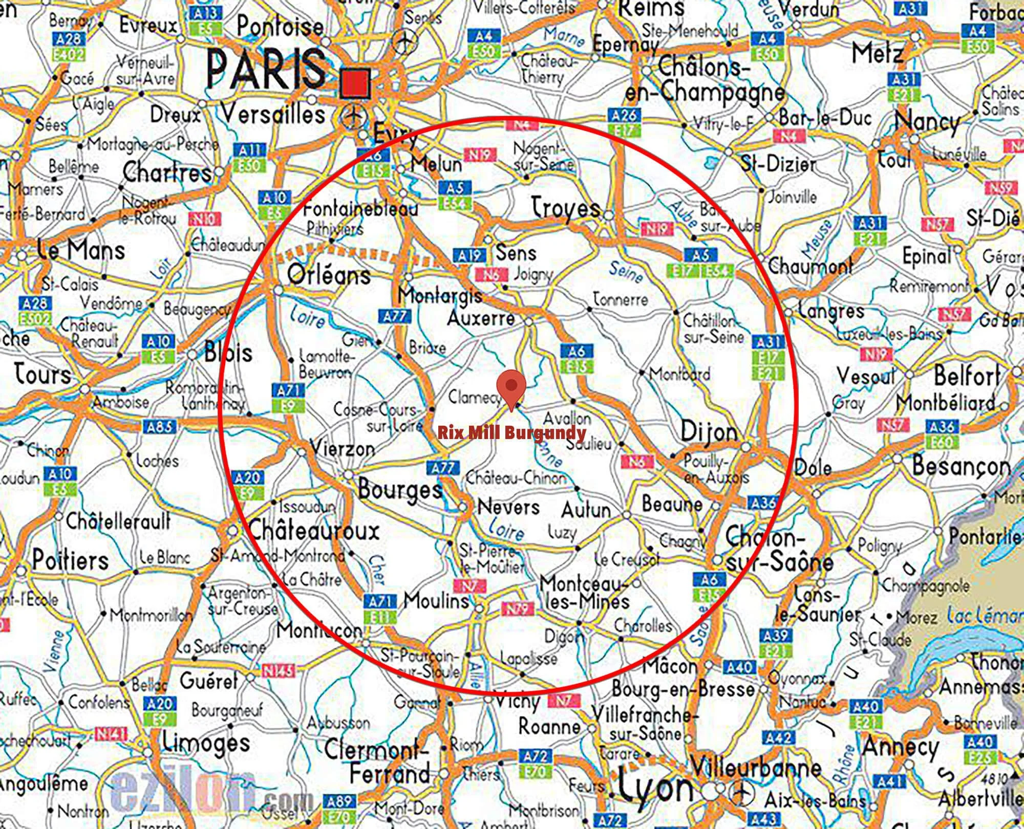 a map of central France displaying where 'Rix Mill Burgundy' is located, with a radius marked showing where you can drive within a  2 hours drive