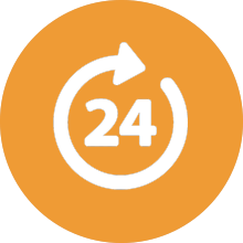 24-hour clock icon with circular arrow on orange background