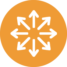 Multiple white arrows pointing outward in all directions on an orange circular background.