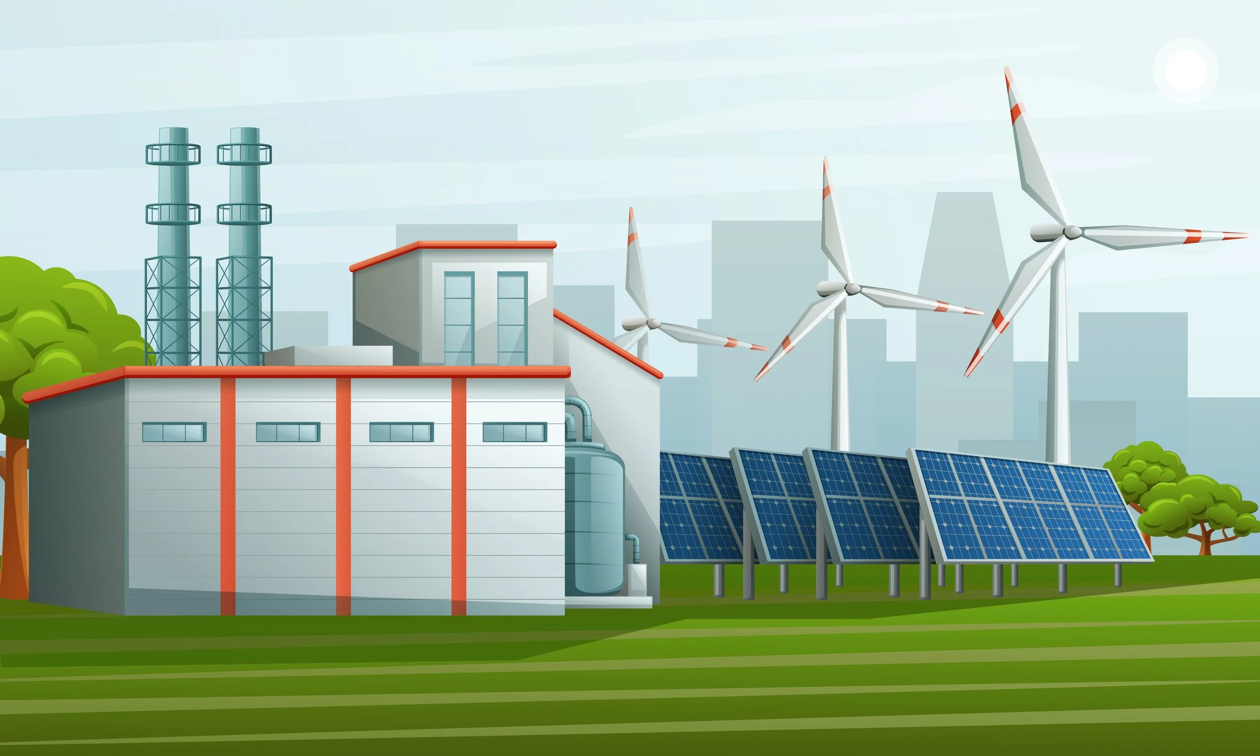 Illustration of a sustainable energy facility with solar panels and wind turbines on a grassy field, with trees and city buildings in the background.