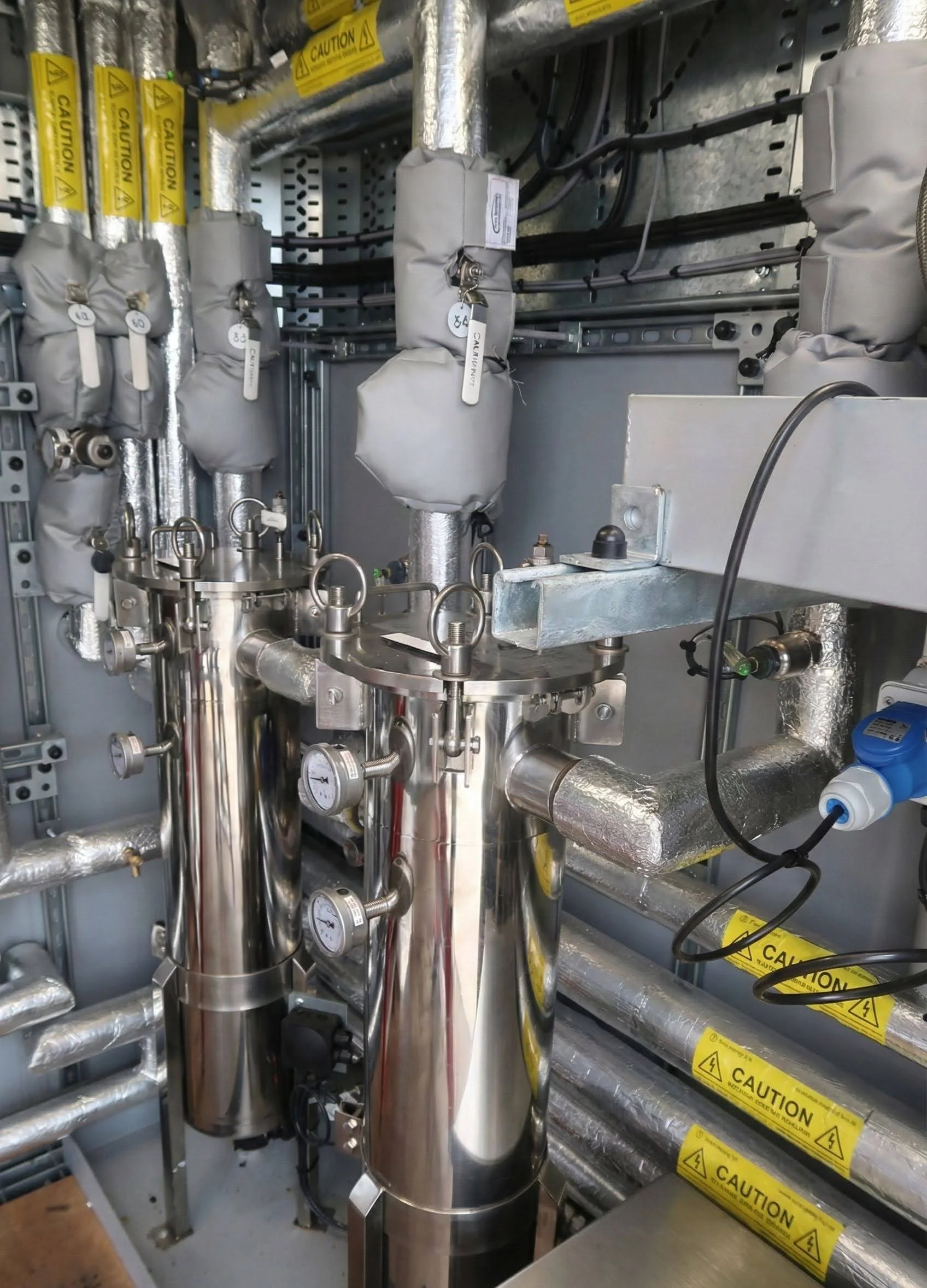 Industrial equipment with stainless steel pipes, gauges, and wrapped insulation, inside a metal control panel or machinery setup.