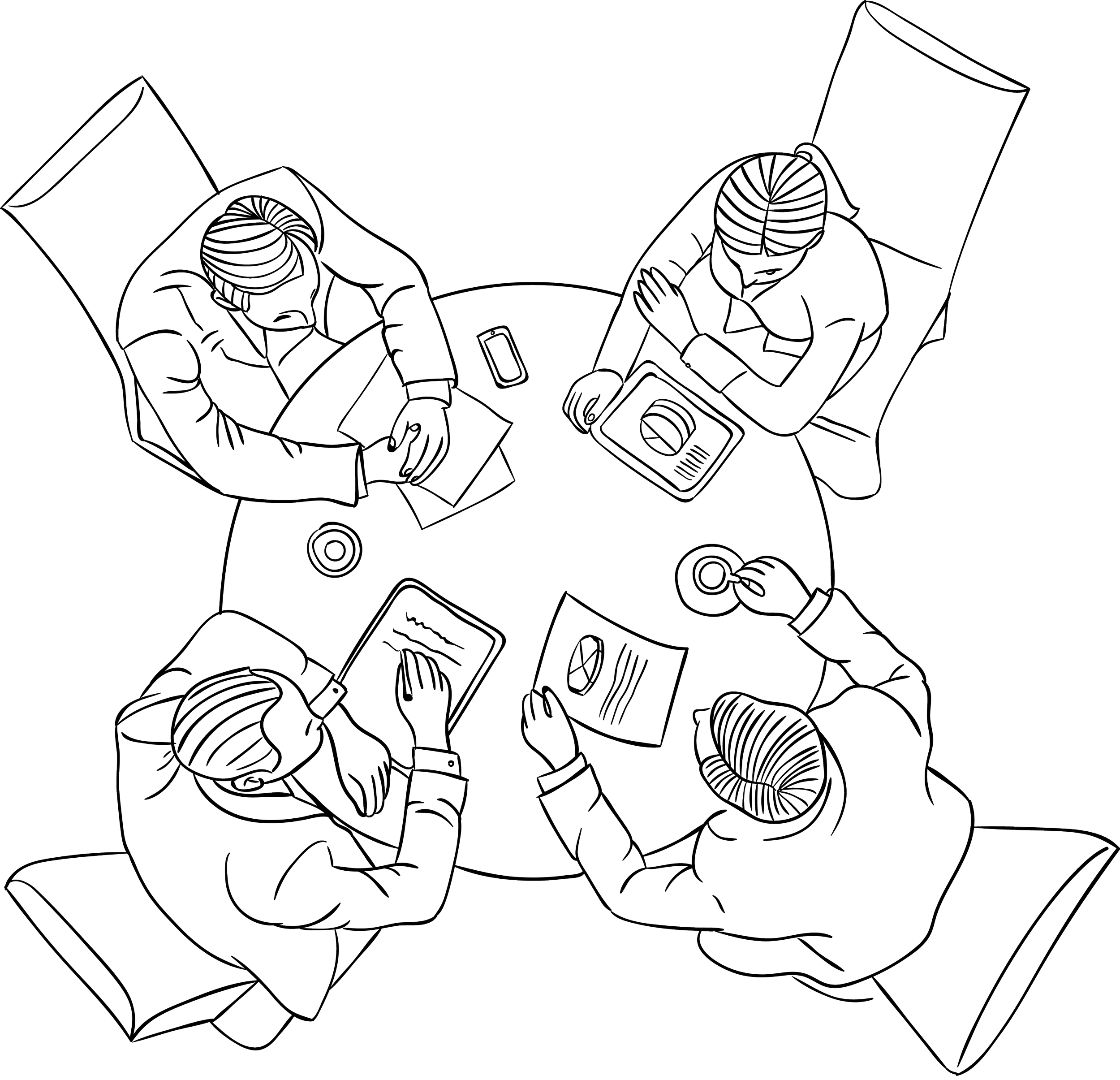 Top-down view of five people sitting around a round table, engaging in a meeting or discussion, with laptops, tablets, and notebooks in front of them, on a black background.