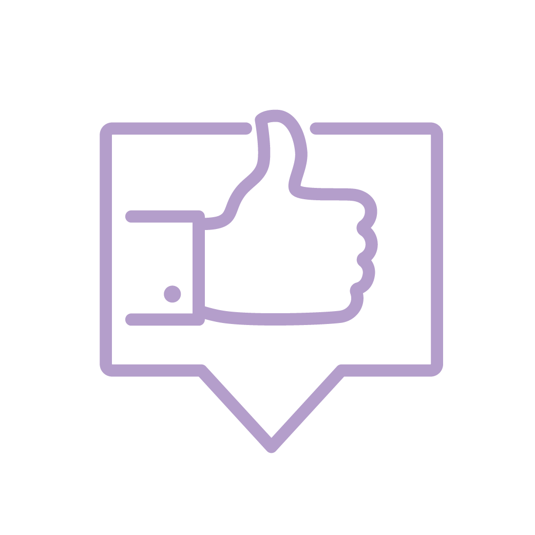 A purple outlined thumbs-up icon inside a speech bubble with a line border.