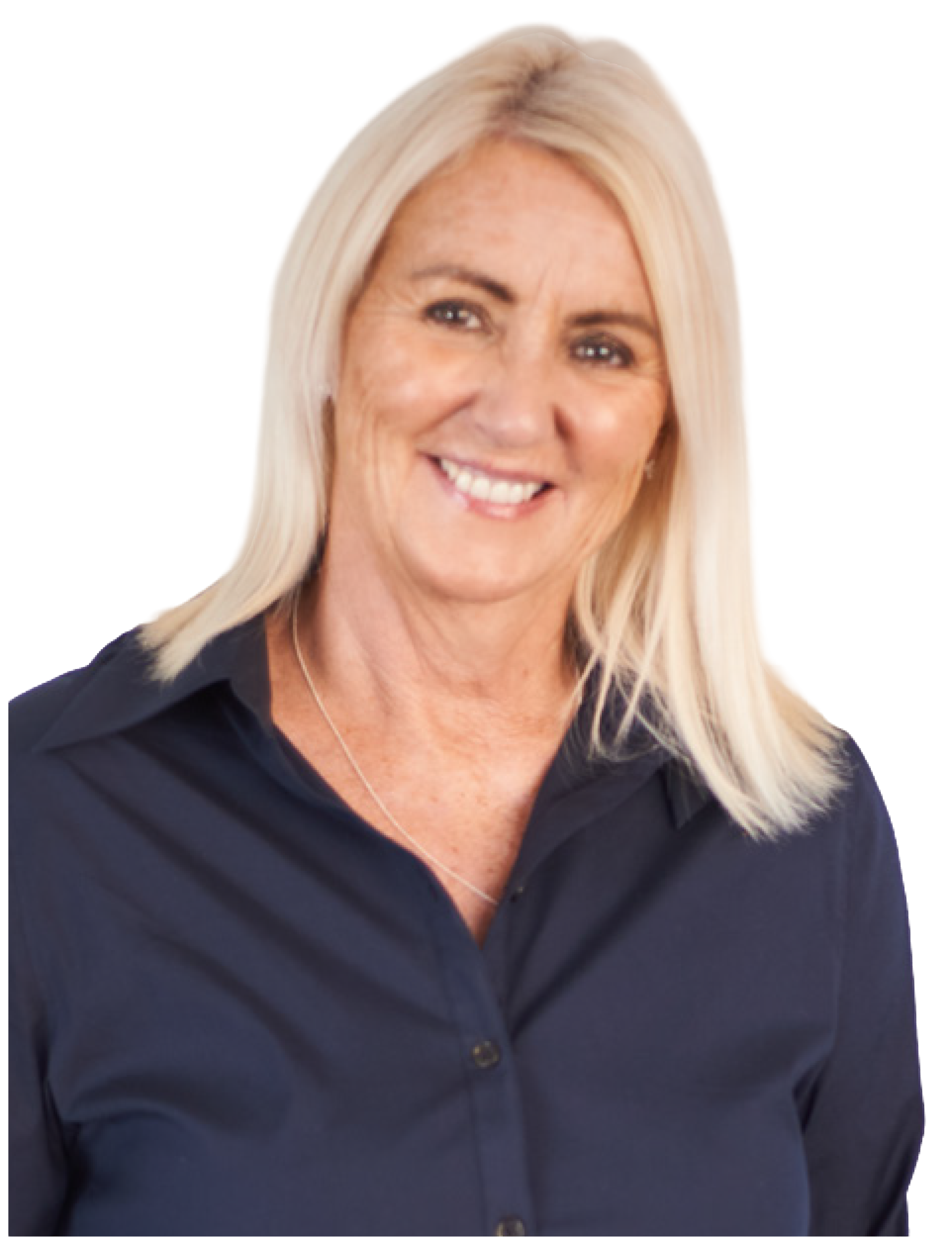 A woman with blonde hair smiling, wearing a navy blue shirt and a silver necklace.