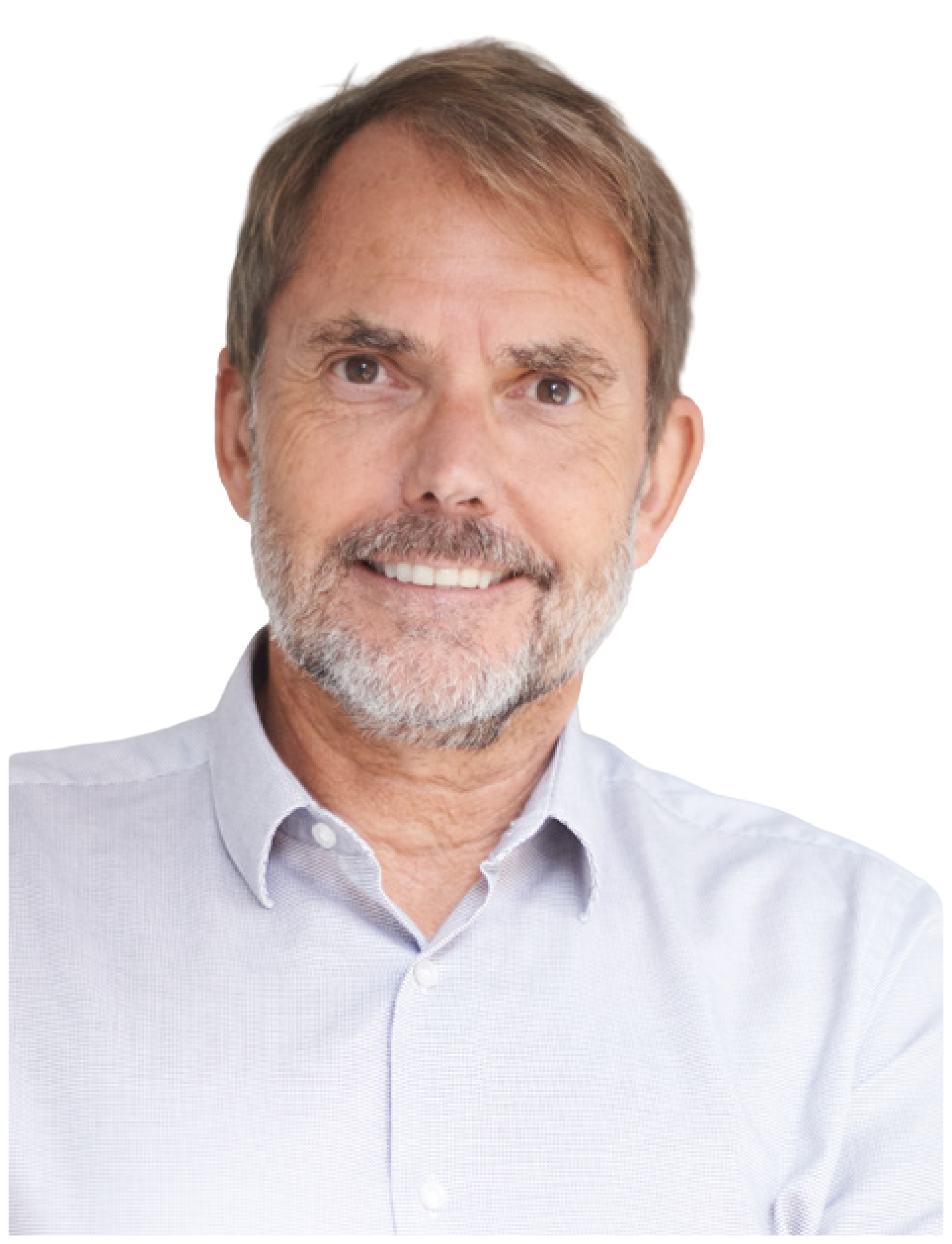 A smiling middle-aged man with gray and brown hair, a beard, wearing a light gray collared shirt.