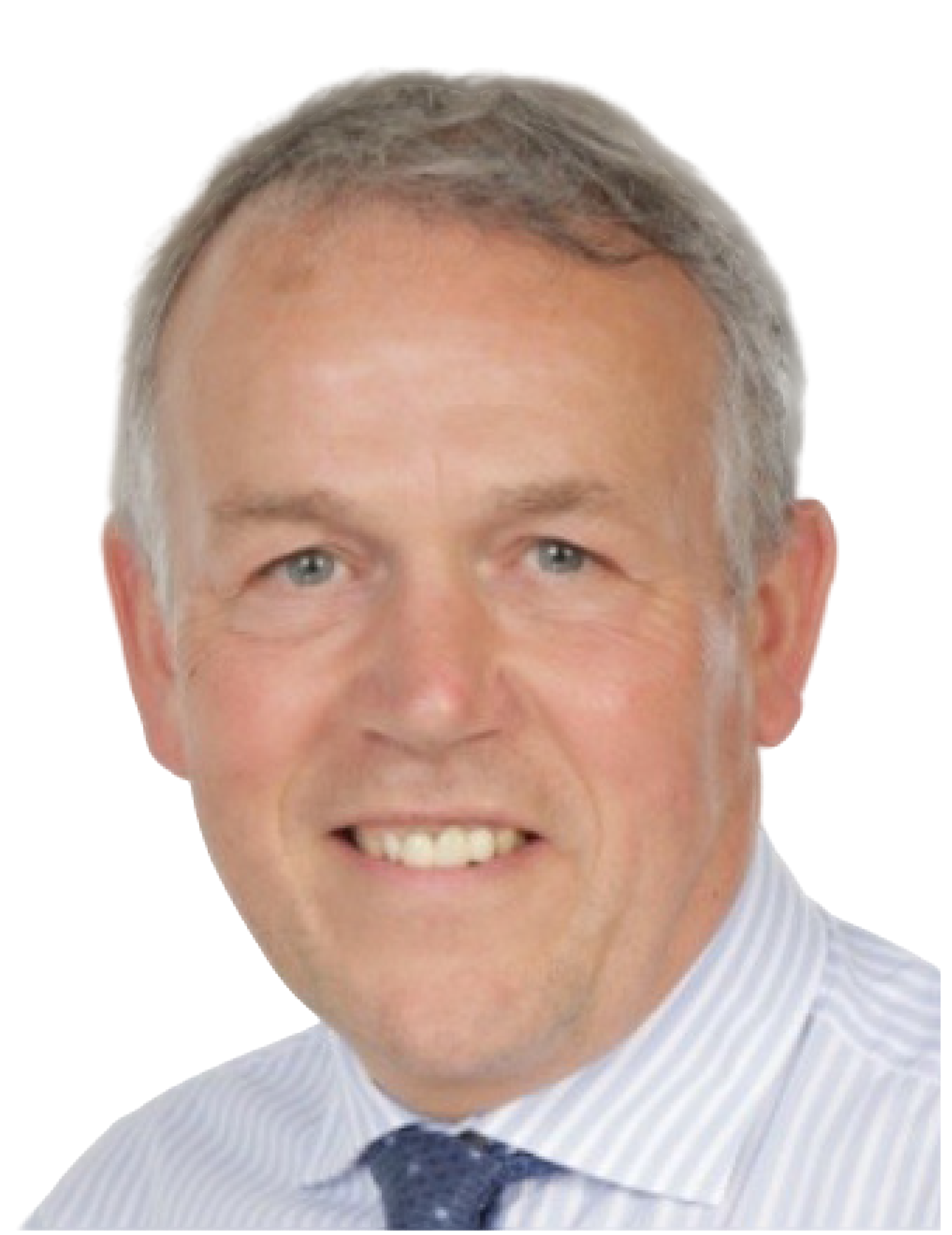 A smiling middle-aged man with blue eyes, gray hair, dressed in a light-colored striped shirt and a dark patterned tie.