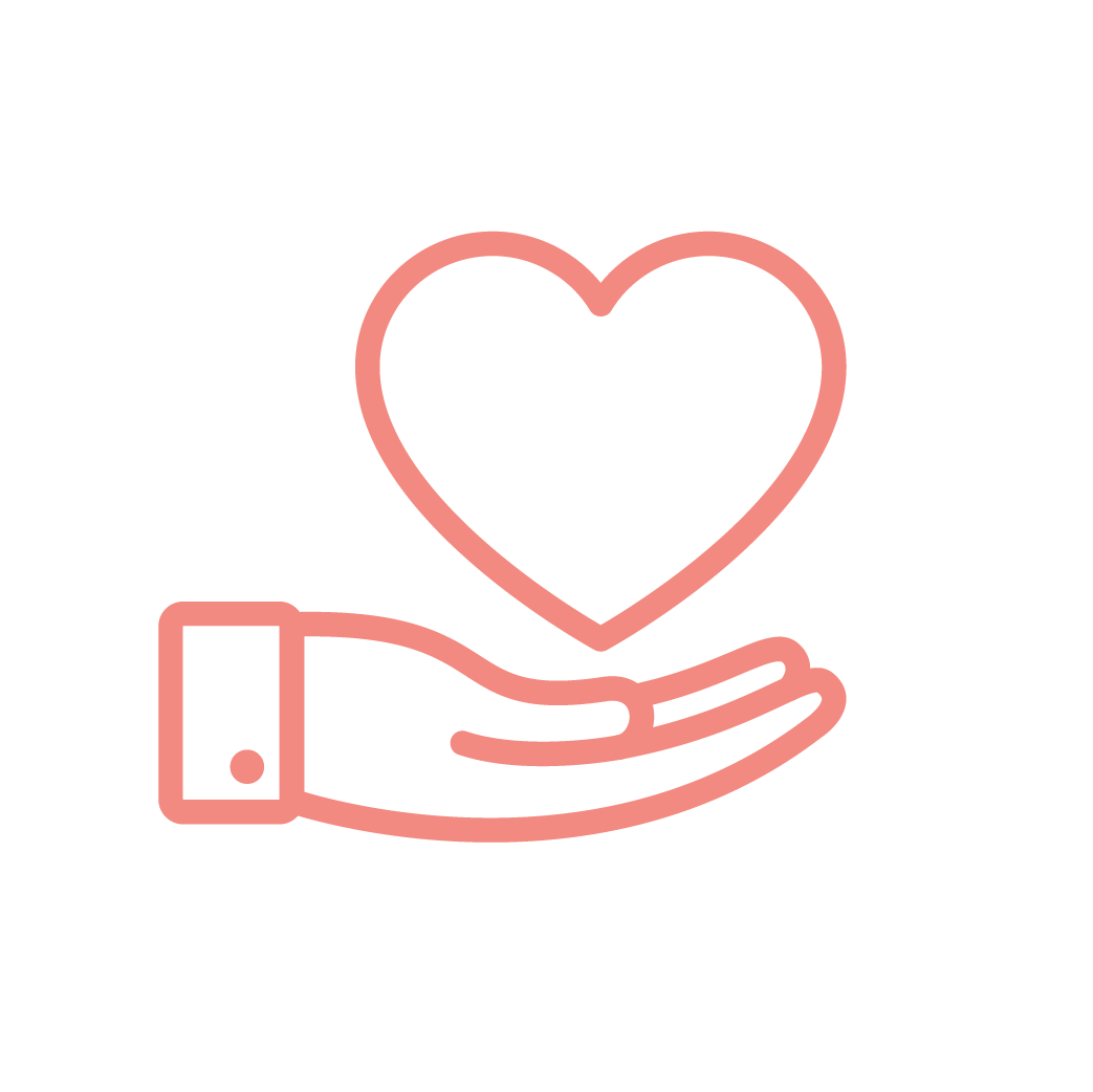Illustration of a hand holding a heart, outlined in pink.