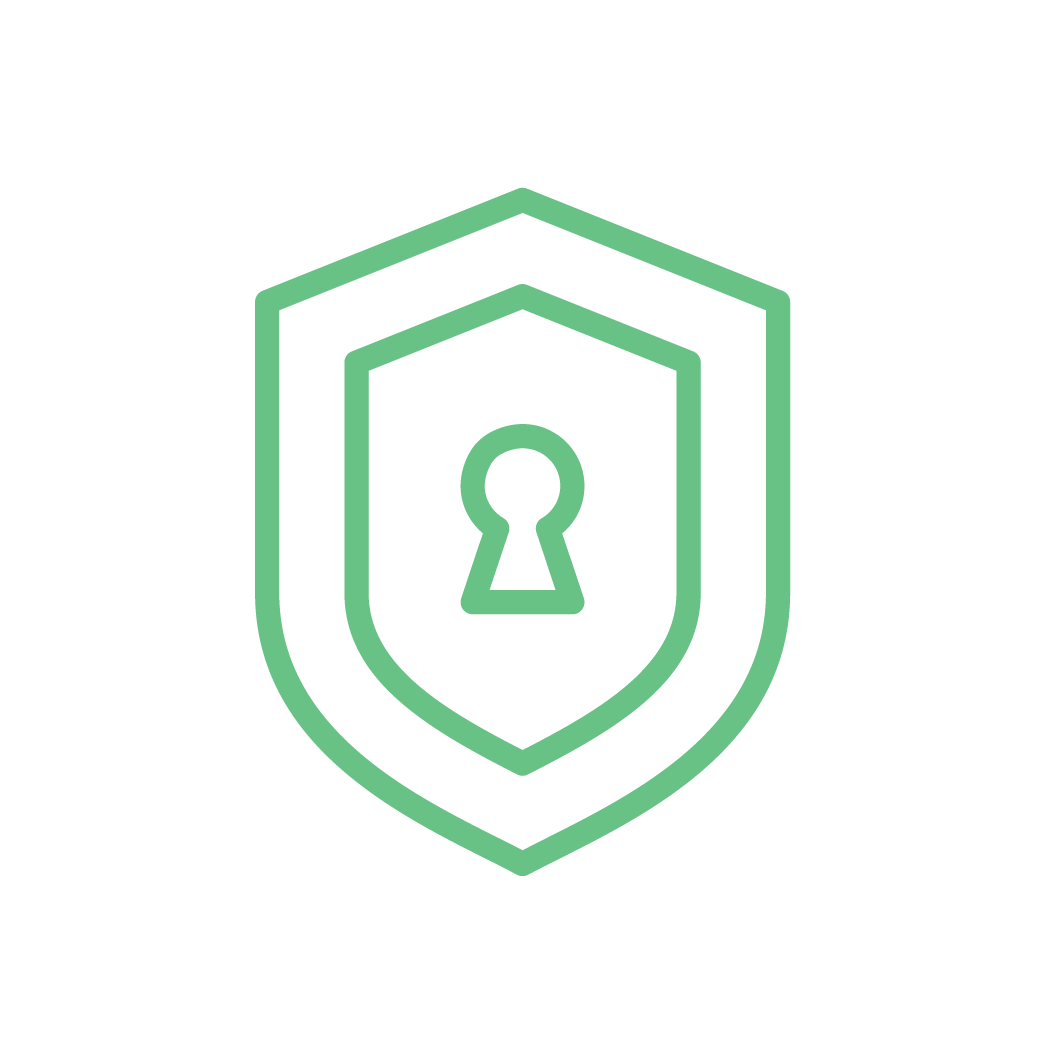 Green outline of a shield with a keyhole in the center, representing security or protection.