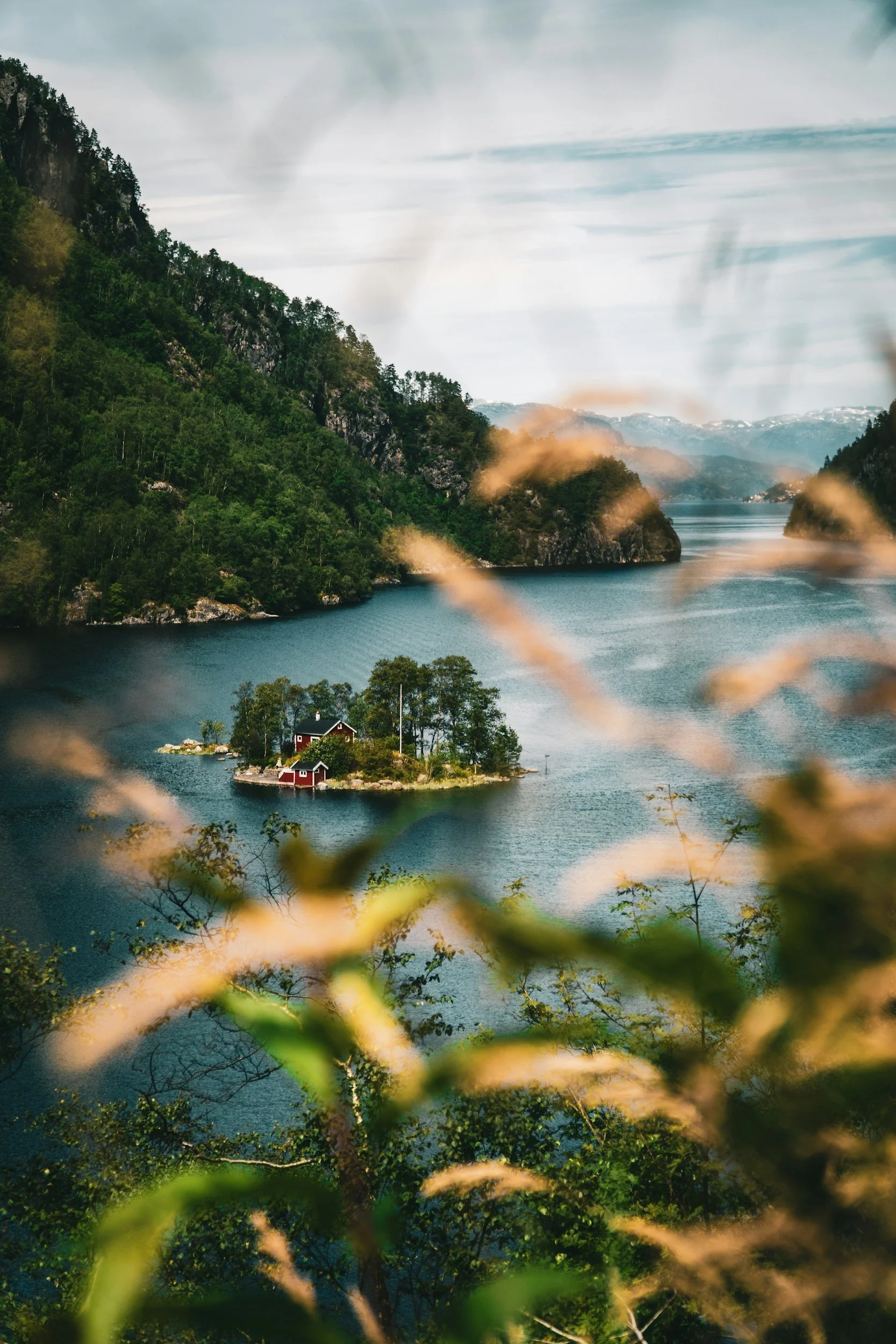 A scenic view of a lake with a small house on an island surrounded by lush green mountains. Blurred vegetation is in the foreground, with overcast skies above.
